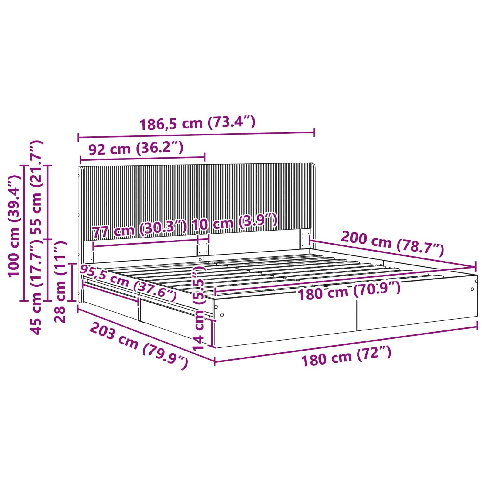 vidaXL Bettgestell mit Stauraum und Kopfteil Weiß 180 x 200 cm