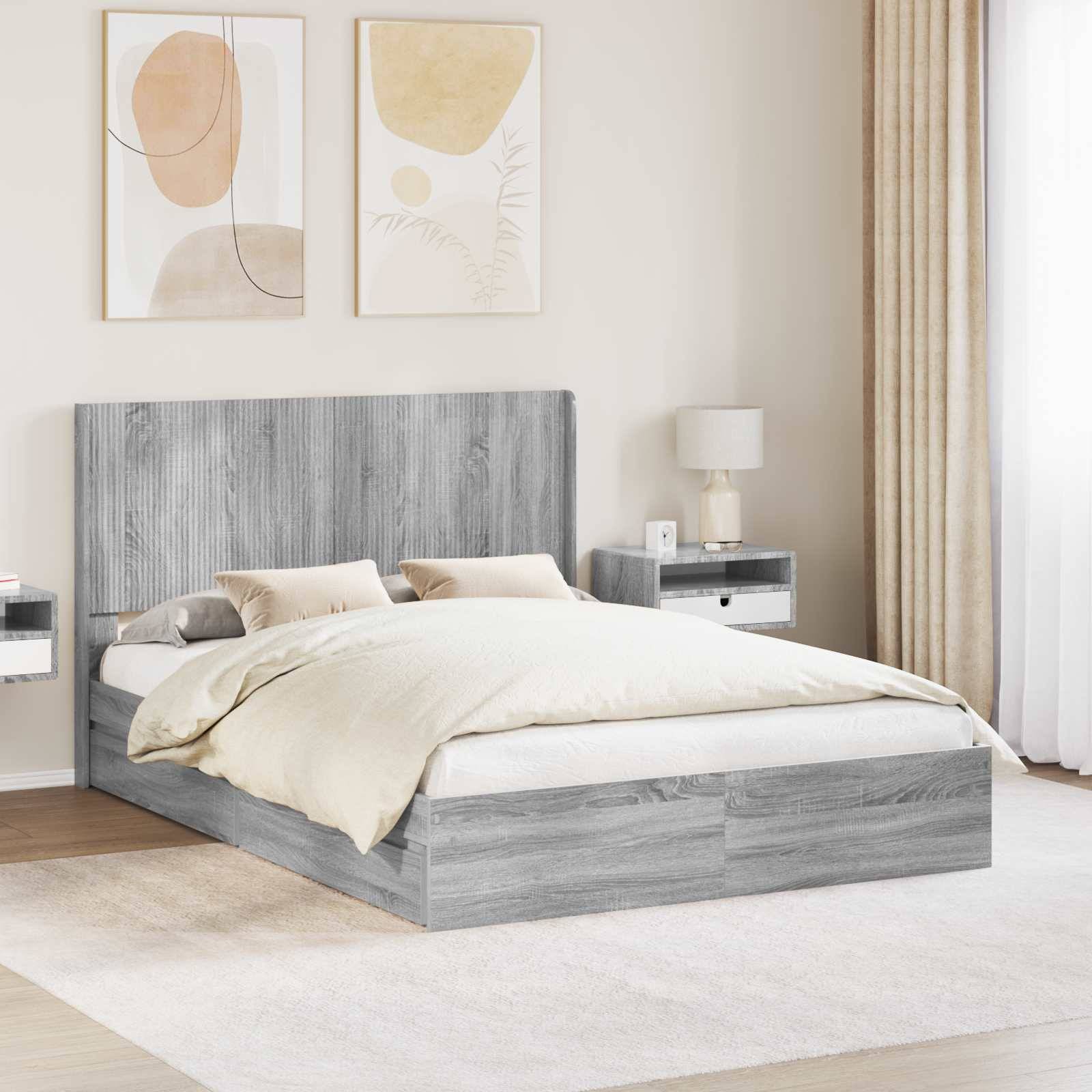 vidaXL Bettgestell mit Stauraum und Kopfteil Grau Sonoma 160 x 200 cm