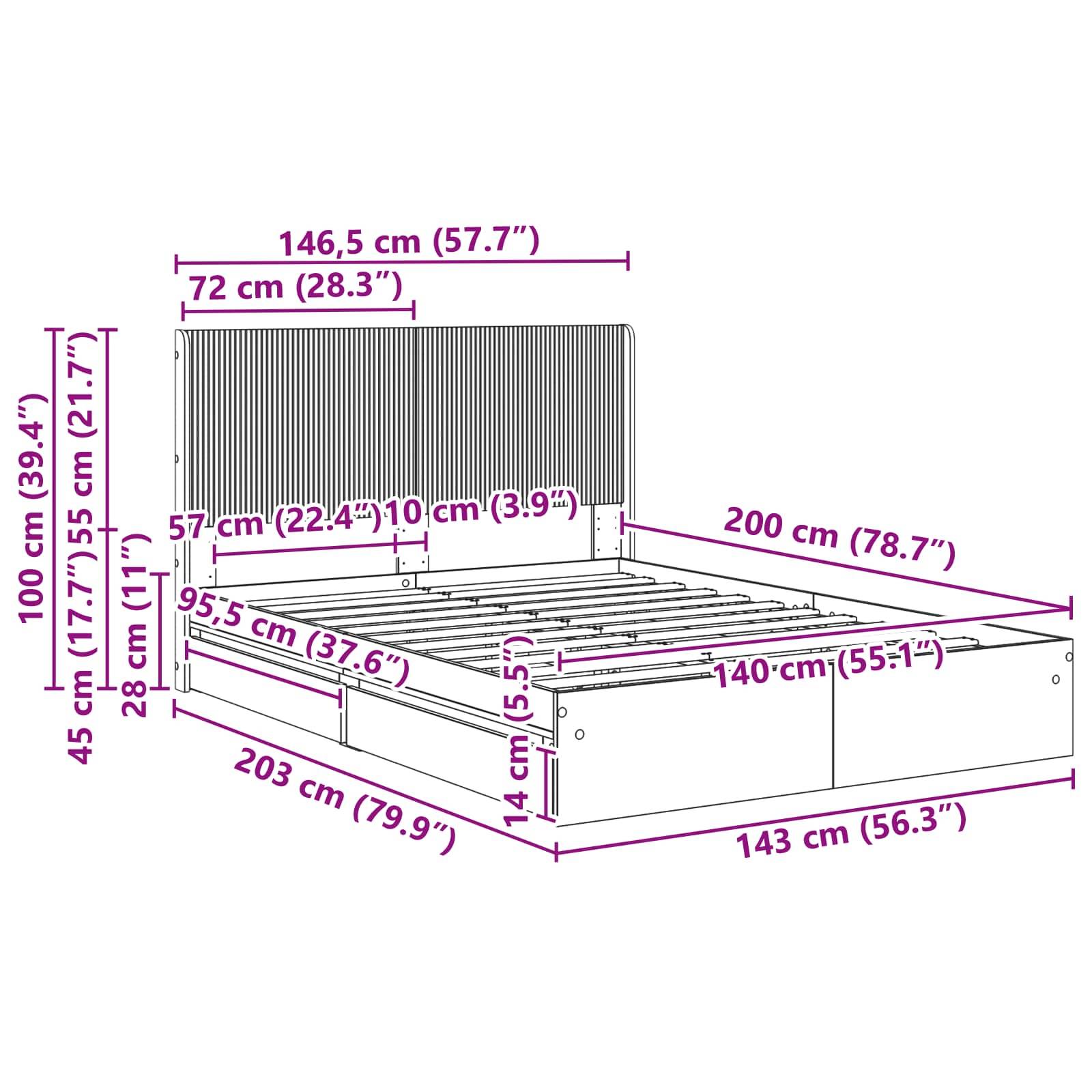 vidaXL Bettgestell mit Stauraum und Kopfteil 3 pcs Holzwerkstoff
