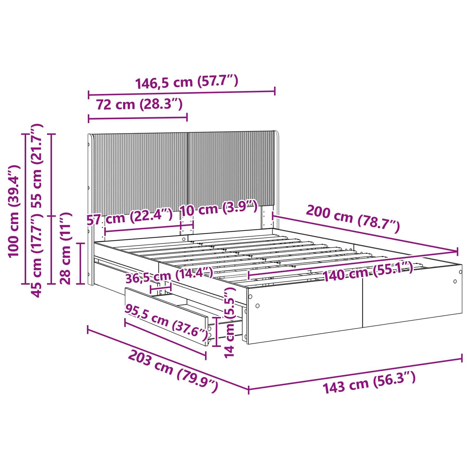 vidaXL Bettgestell mit Stauraum und Kopfteil Grau Sonoma 140 x 200 cm