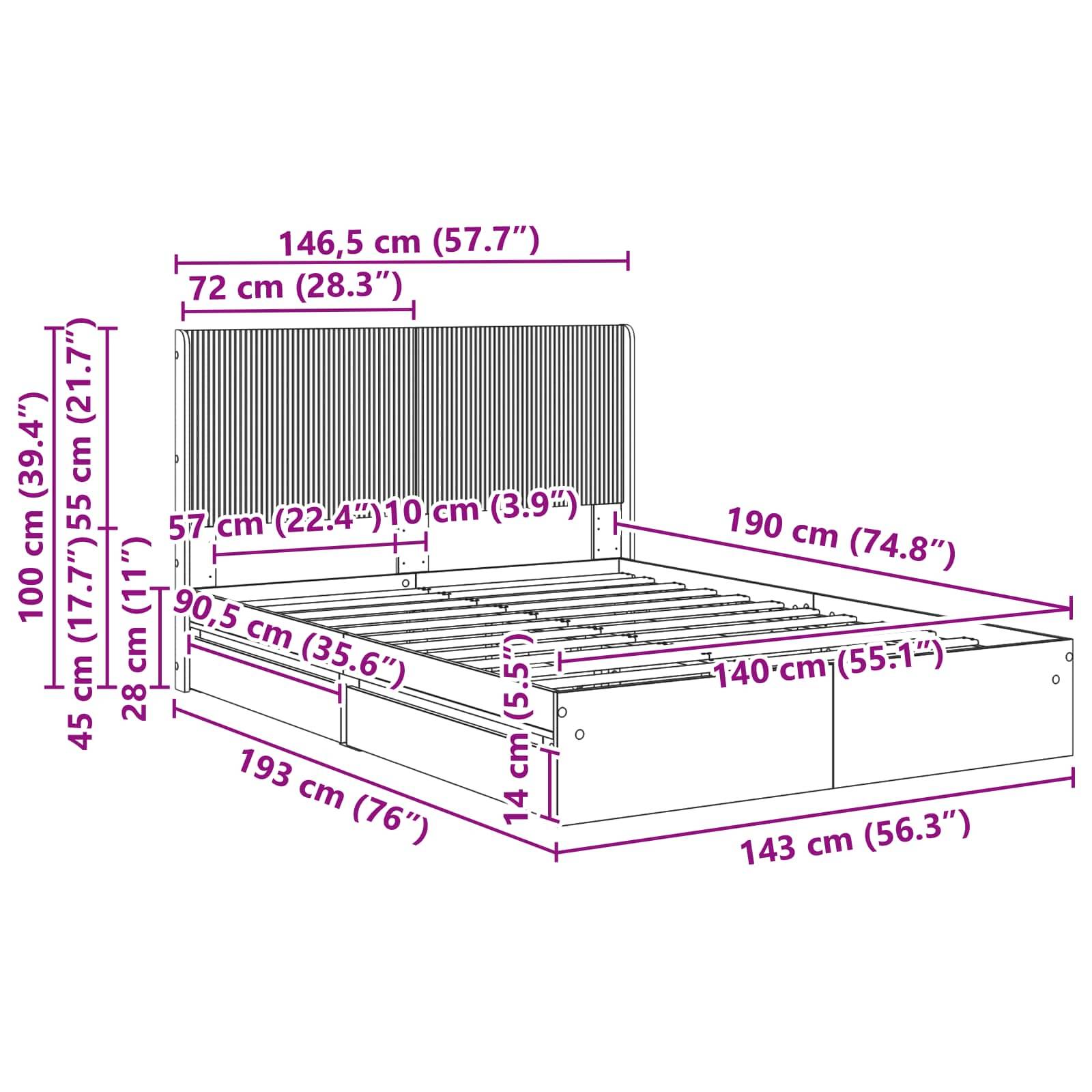 vidaXL Bettgestell mit Stauraum und Kopfteil 3 pcs Holzwerkstoff