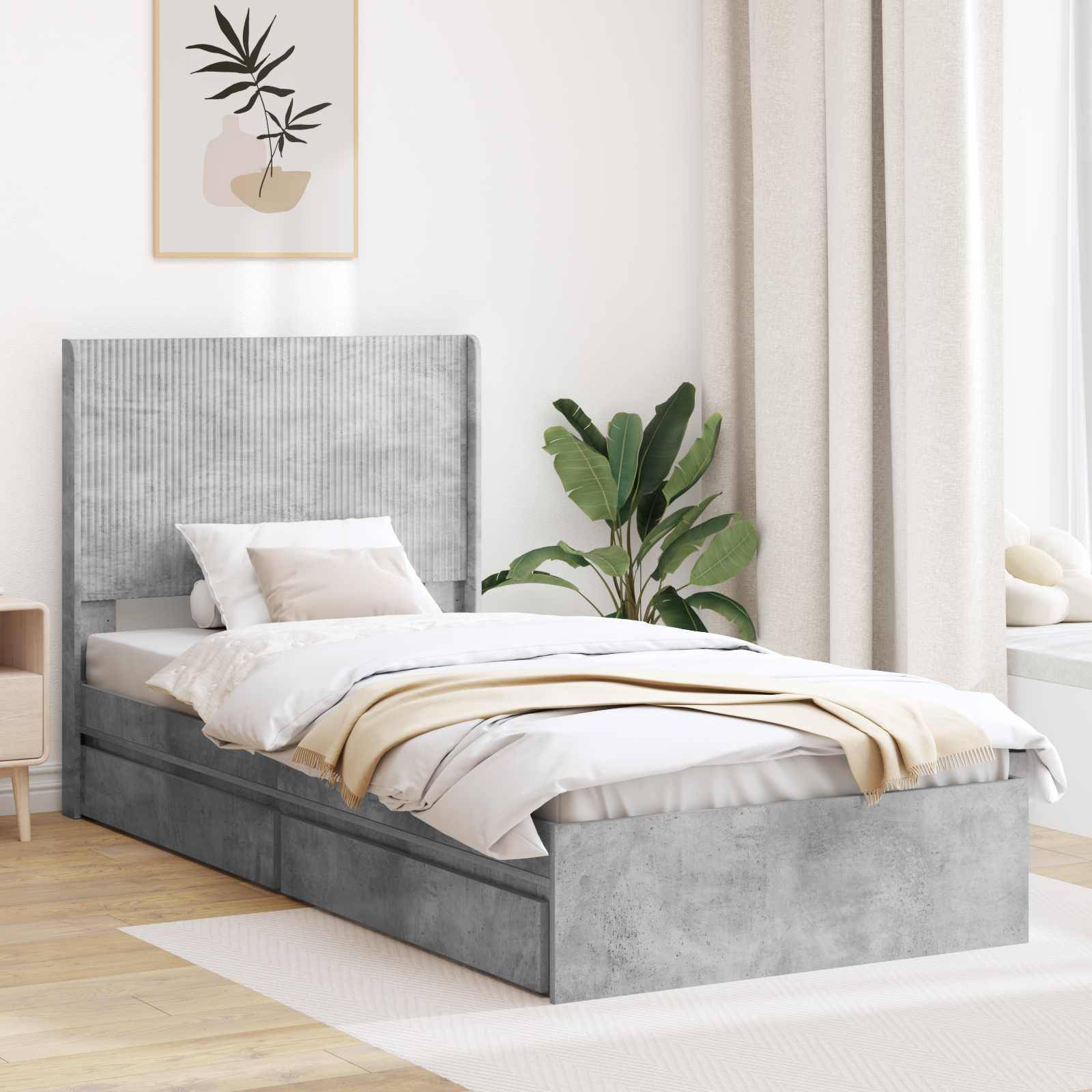 vidaXL Bettgestell mit Stauraum und Kopfteil Betongrau 90 x 190 cm