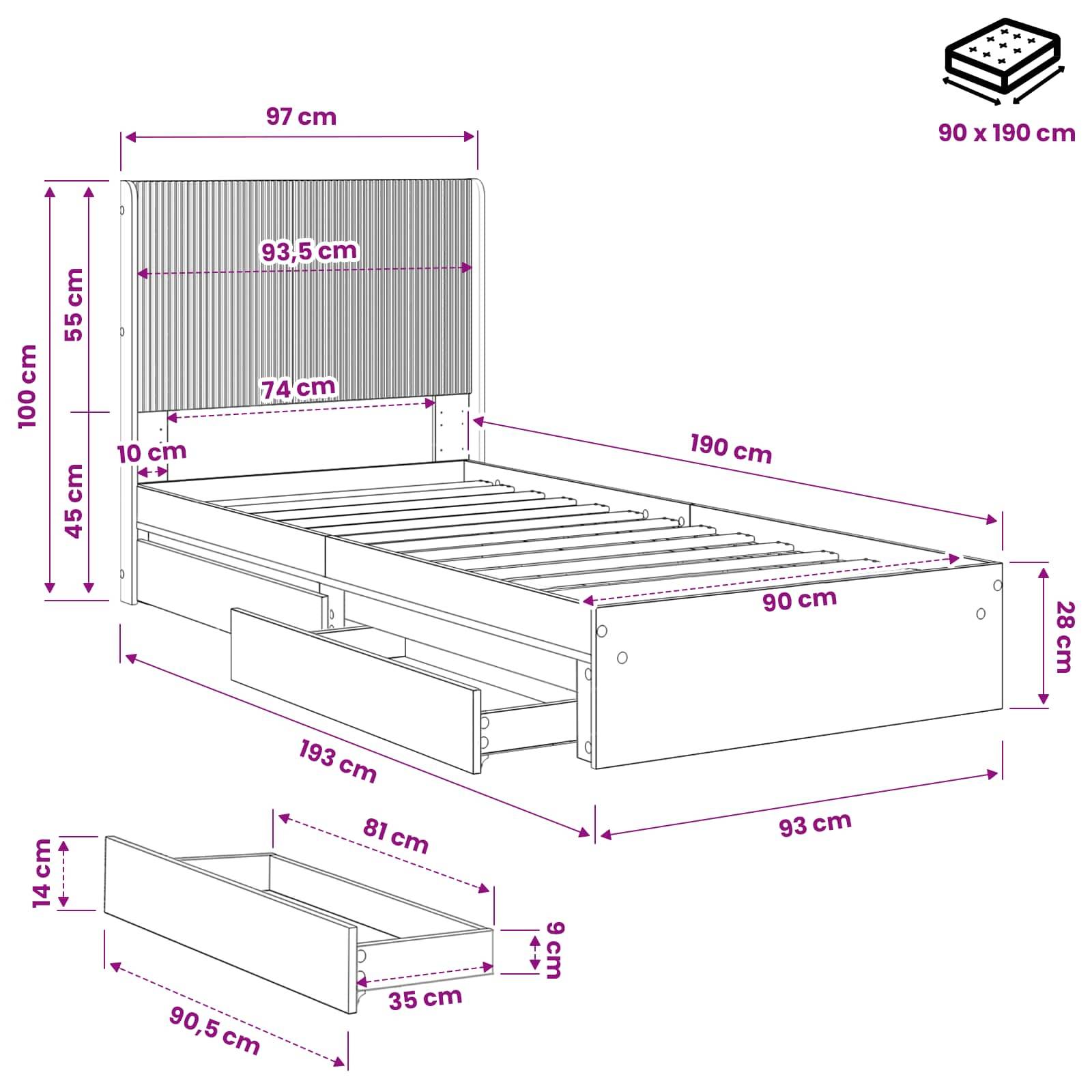 vidaXL Bettgestell mit Stauraum und Kopfteil Schwarz 90 x 190 cm
