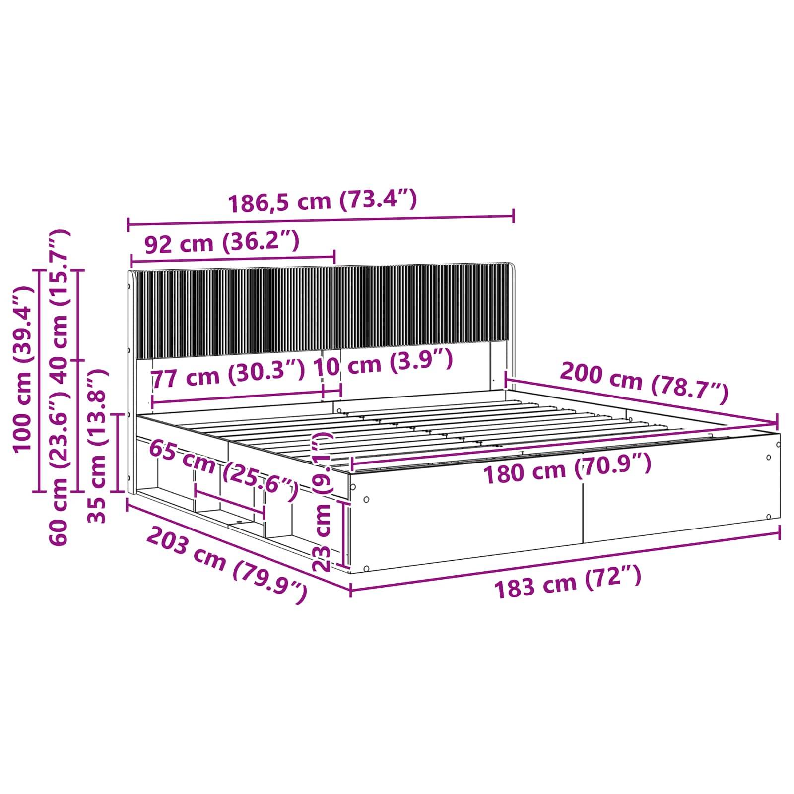 vidaXL Bettgestell mit Stauraum und Kopfteil Schwarz 180 x 200 cm