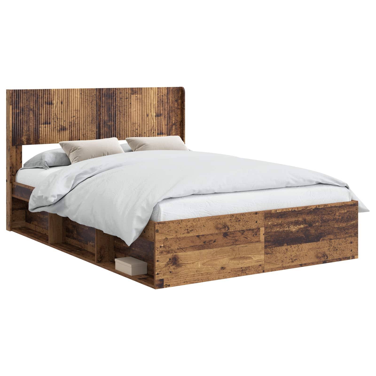 vidaXL Bettgestell mit Stauraum und Kopfteil Altholz 120 x 190 cm
