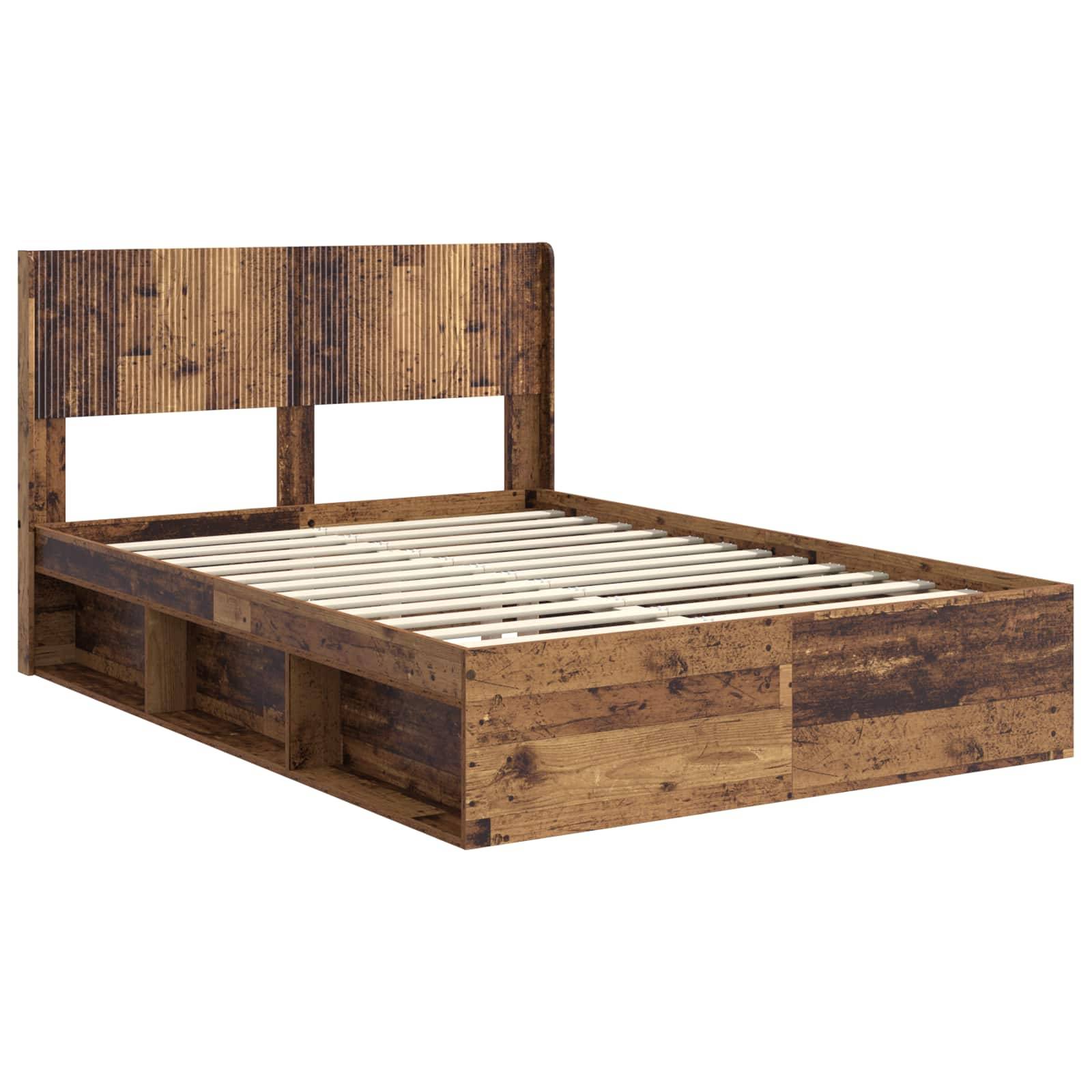 vidaXL Bettgestell mit Stauraum und Kopfteil Altholz 135 x 190 cm