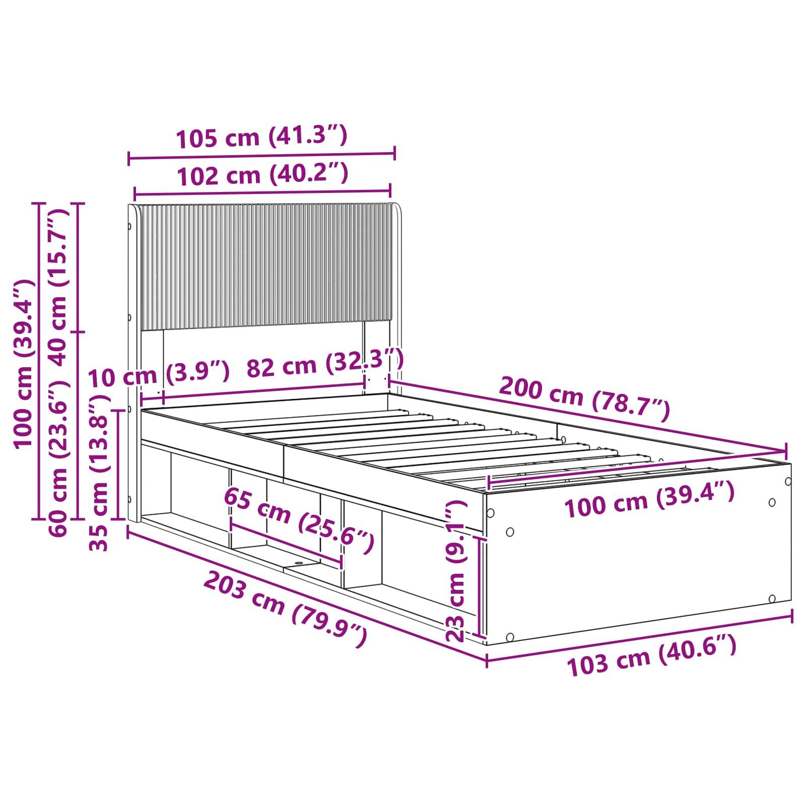 vidaXL Bettgestell mit Stauraum und Kopfteil Sonoma-Eiche 100 x 200 cm