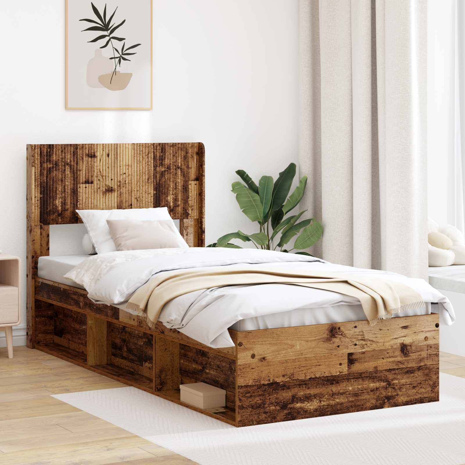 vidaXL Bettgestell mit Stauraum und Kopfteil Altholz 75 x 190 cm