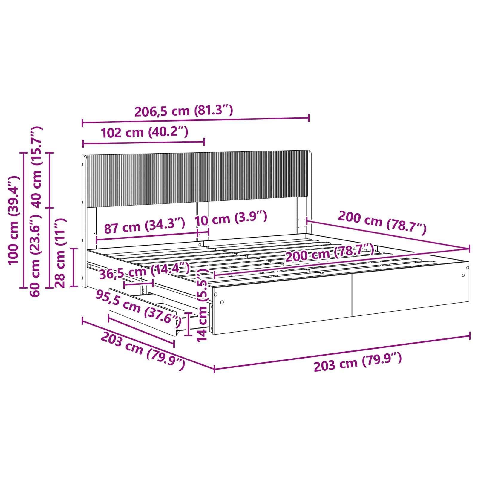 vidaXL Bettgestell mit Stauraum und Kopfteil 3 pcs Holzwerkstoff