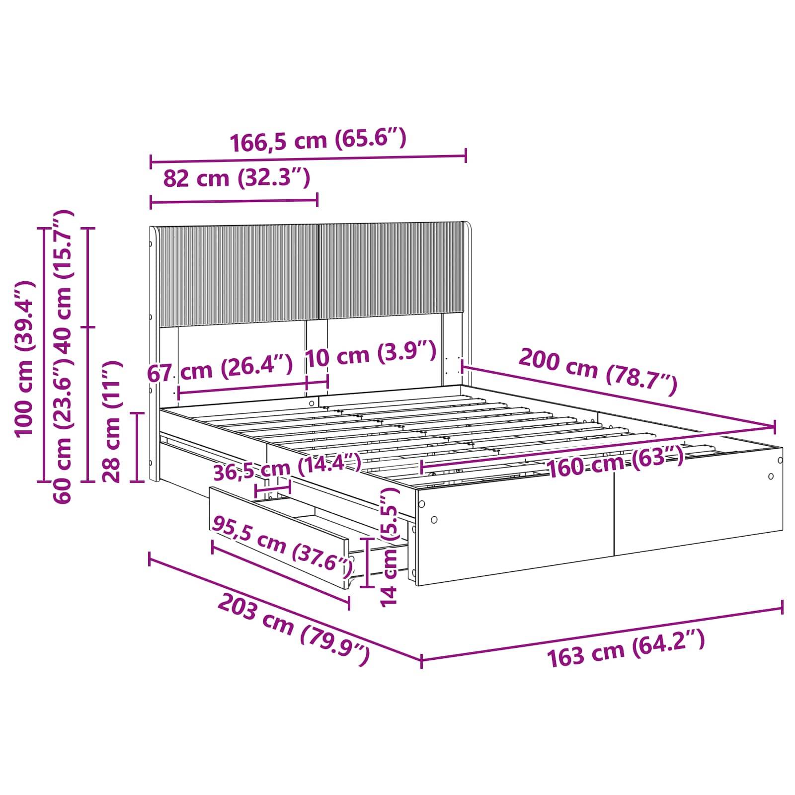 vidaXL Bettgestell mit Stauraum und Kopfteil Grau Sonoma 160 x 200 cm