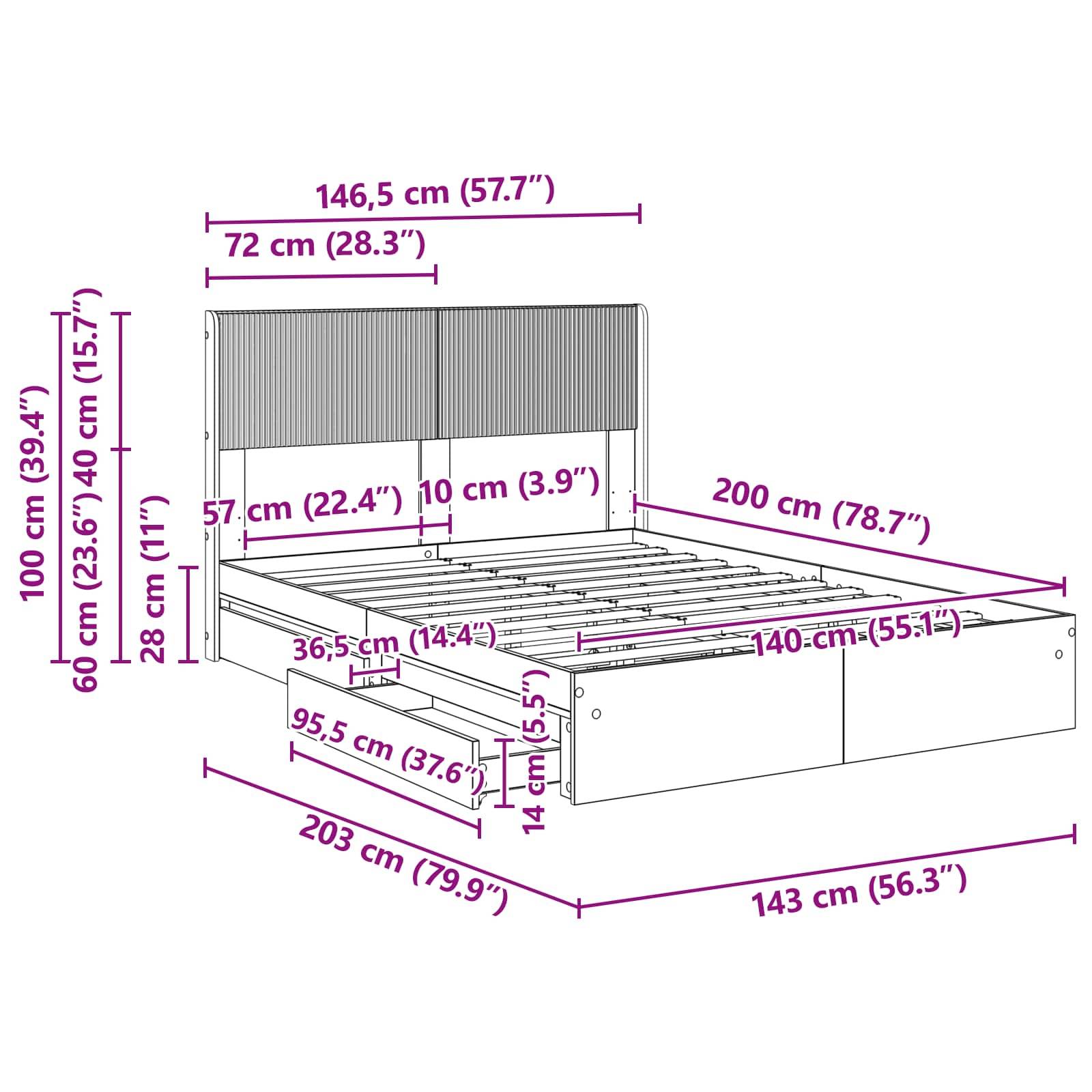 vidaXL Bettgestell mit Stauraum und Kopfteil Grau Sonoma 140 x 200 cm