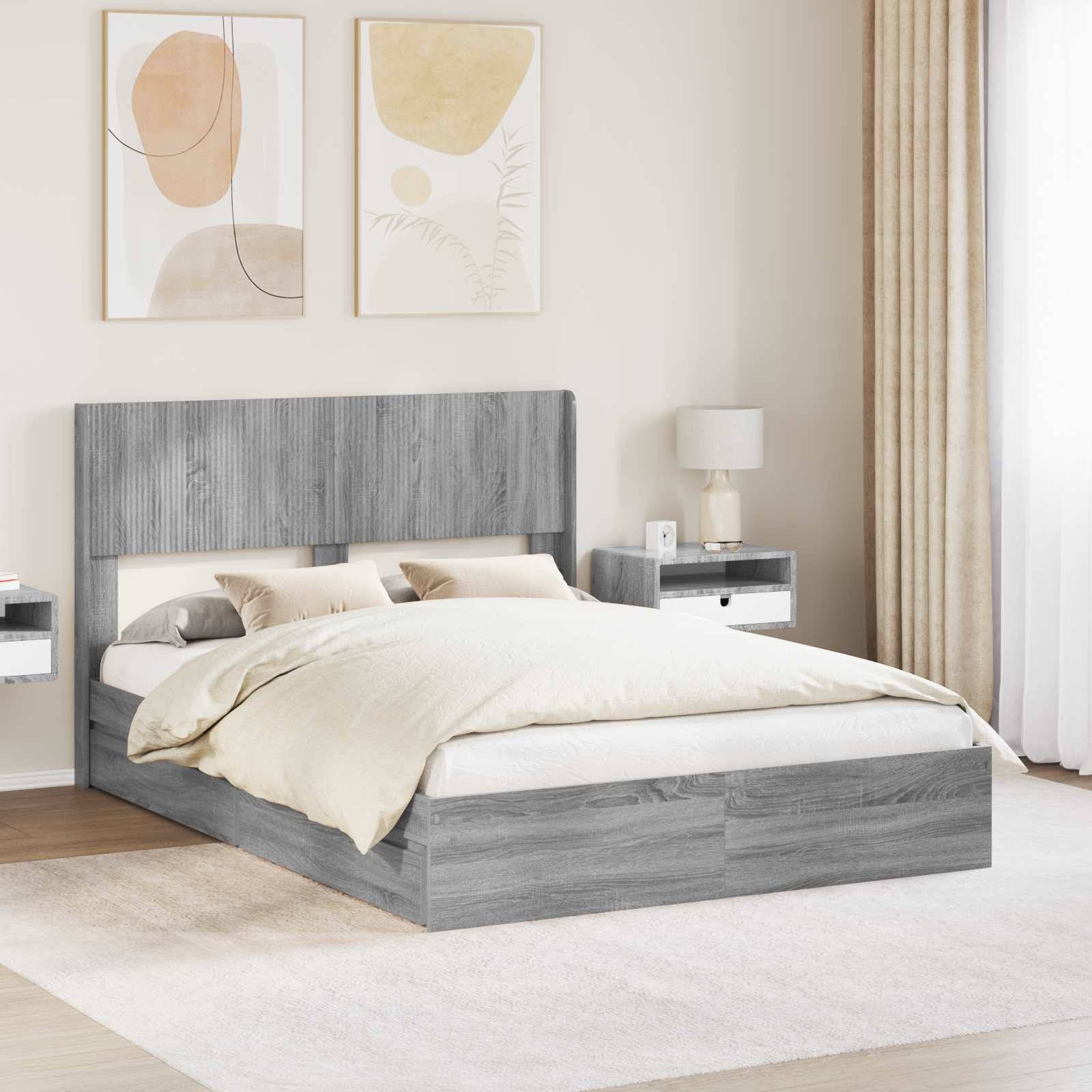 vidaXL Bettgestell mit Stauraum und Kopfteil Grau Sonoma 140 x 200 cm