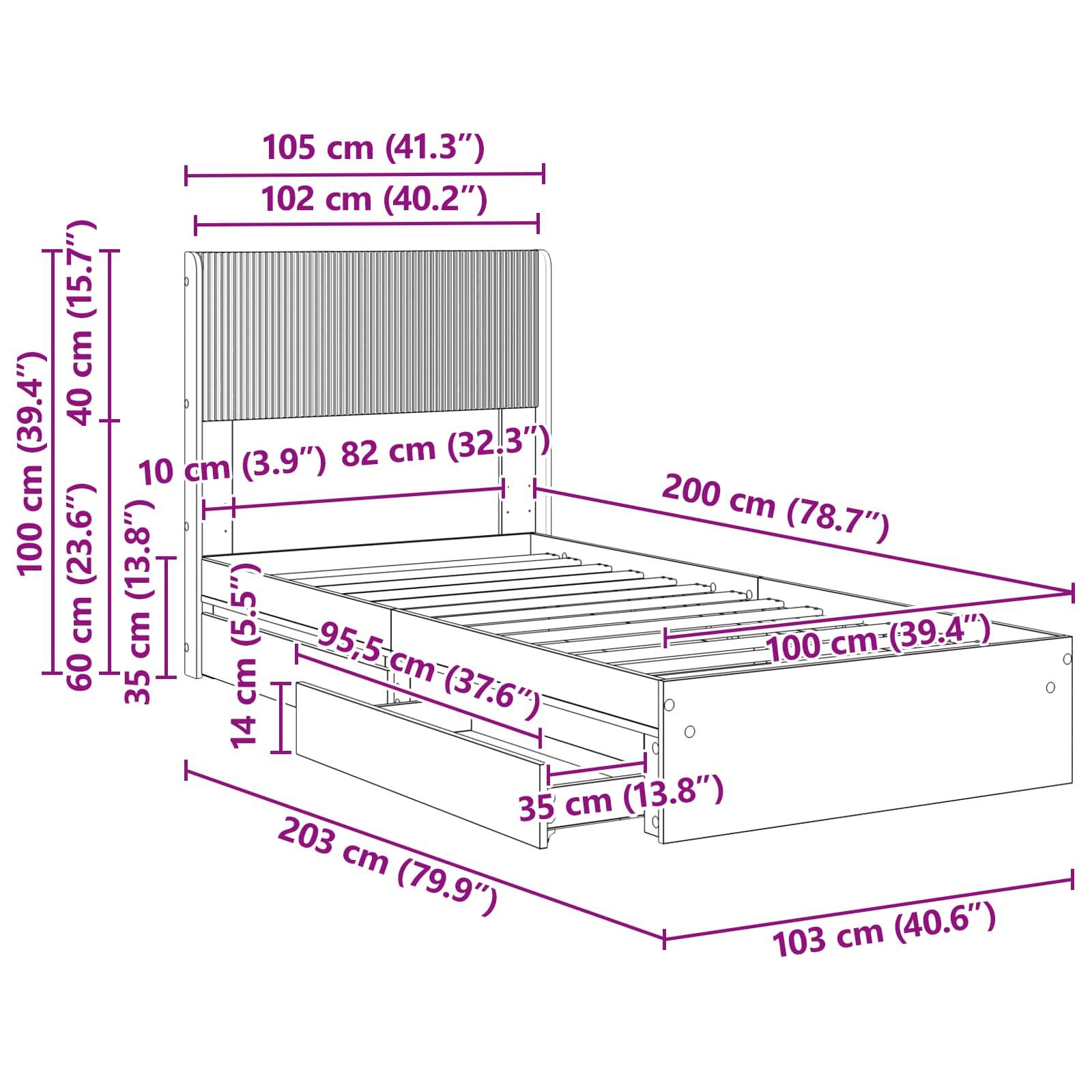 vidaXL Bettgestell mit Stauraum und Kopfteil Grau Sonoma 100 x 200 cm