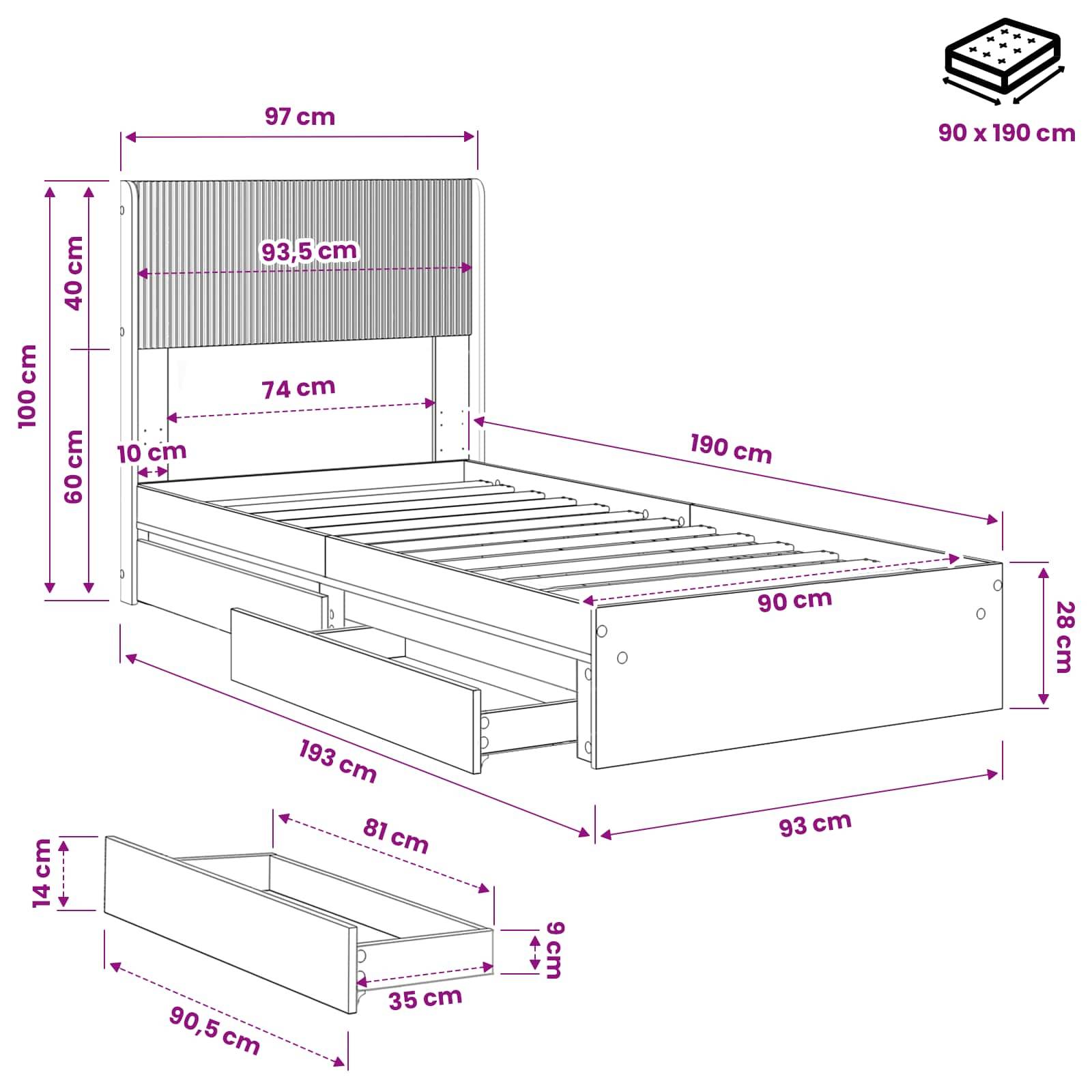 vidaXL Bettgestell mit Stauraum und Kopfteil Schwarz 90 x 190 cm
