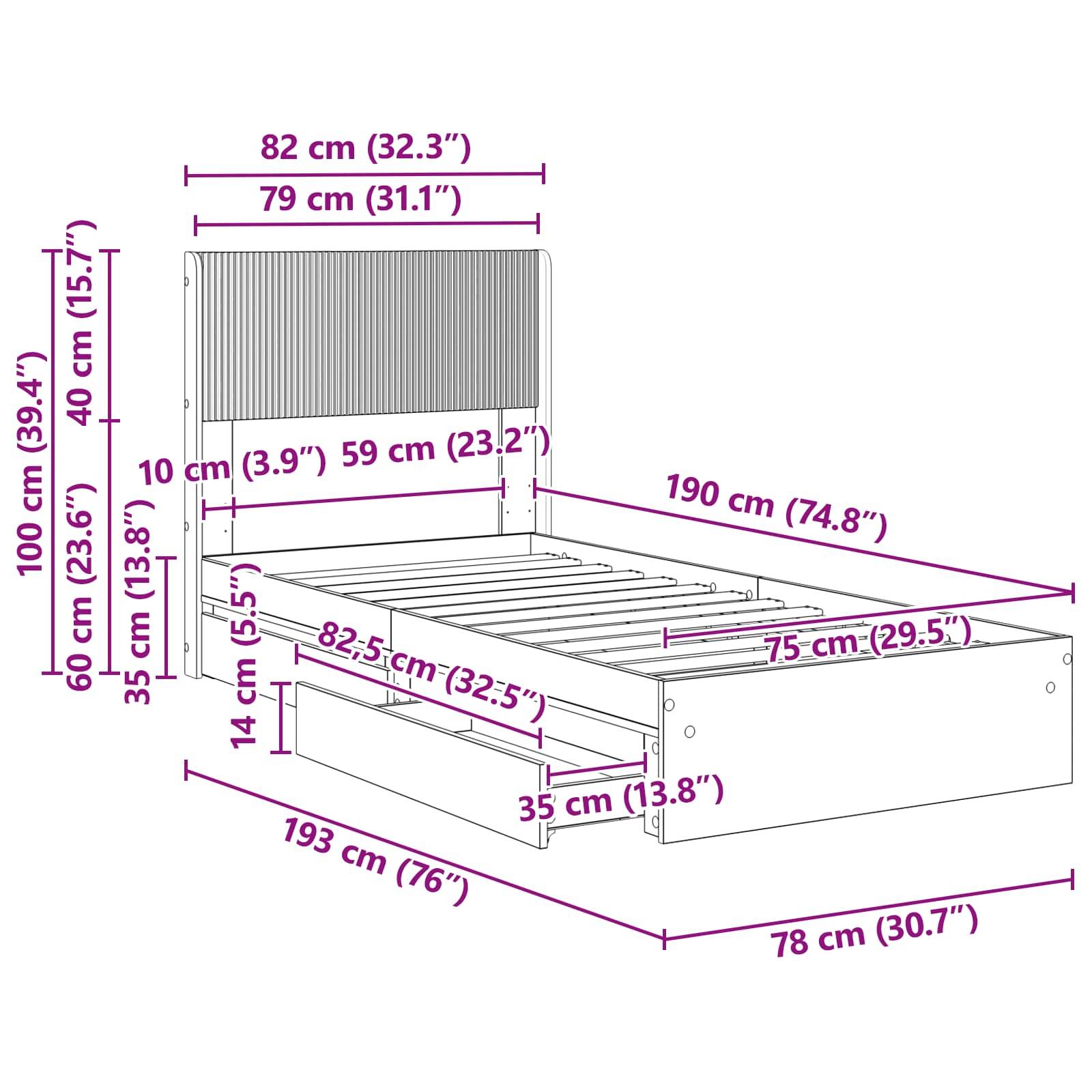 vidaXL Bettgestell mit Stauraum und Kopfteil Weiß 75 x 190 cm