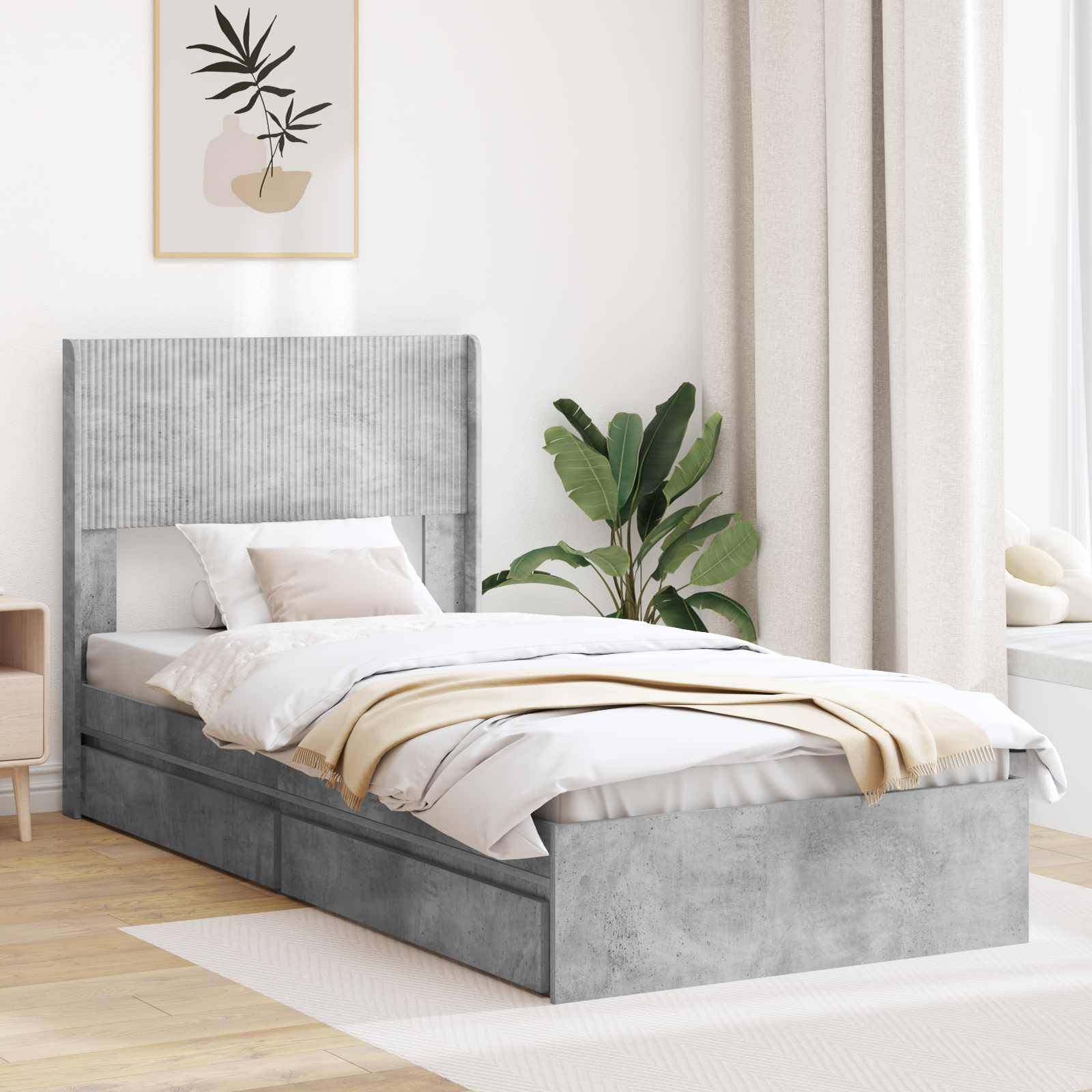 vidaXL Bettgestell mit Stauraum und Kopfteil Betongrau 75 x 190 cm