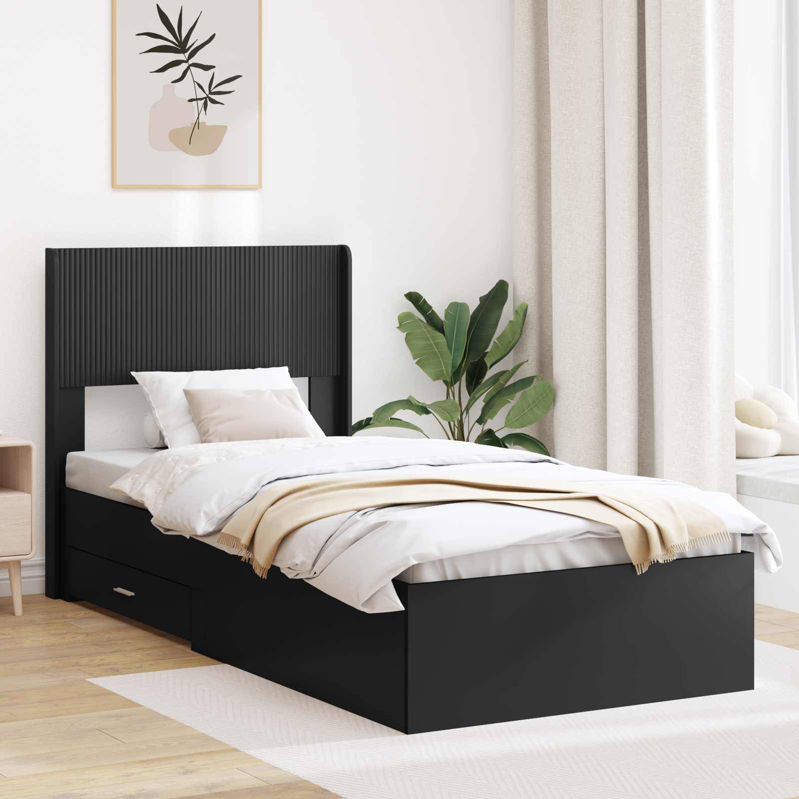 vidaXL Bettgestell mit Stauraum und Kopfteil Schwarz 75 x 190 cm