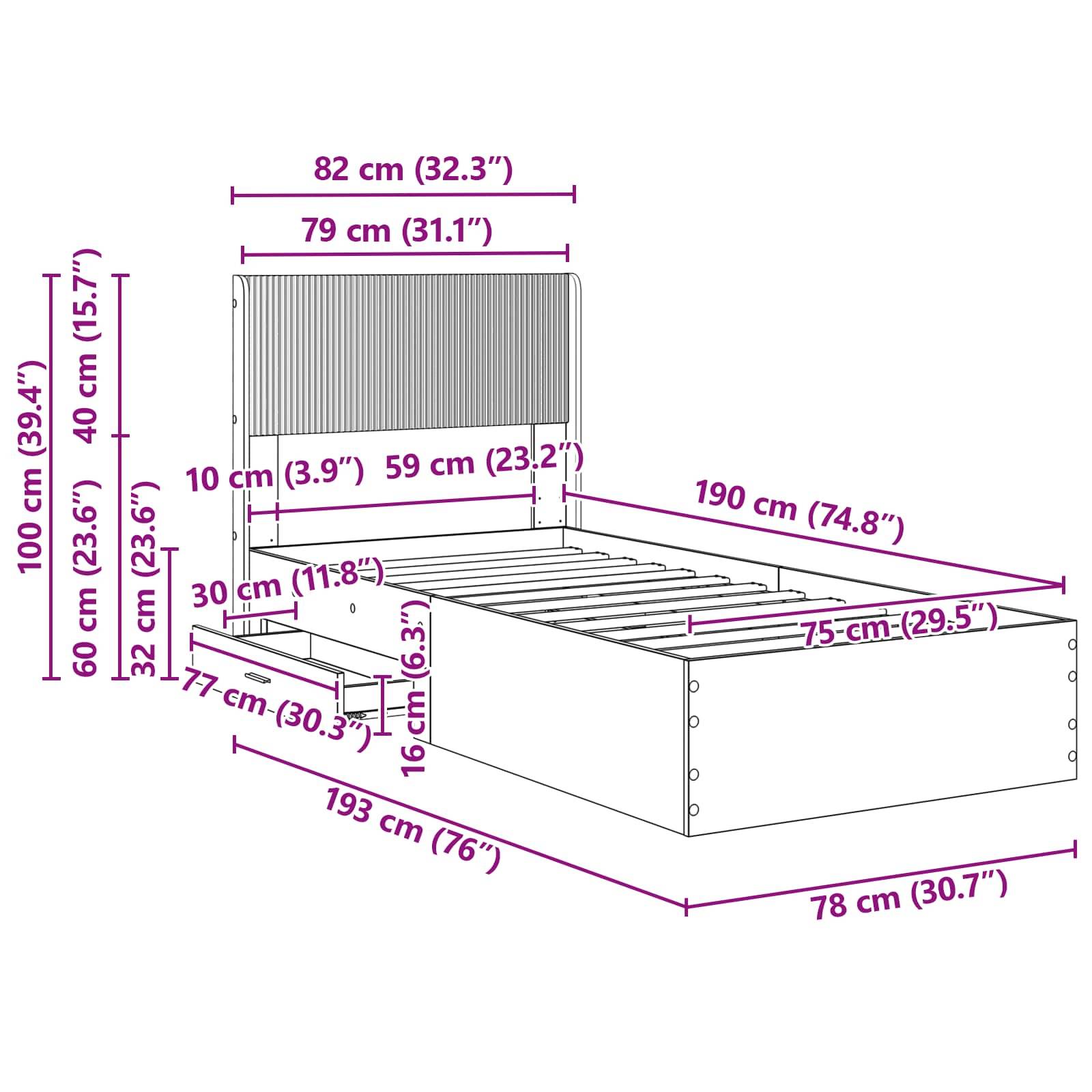 vidaXL Bettgestell mit Stauraum und Kopfteil Schwarz 75 x 190 cm