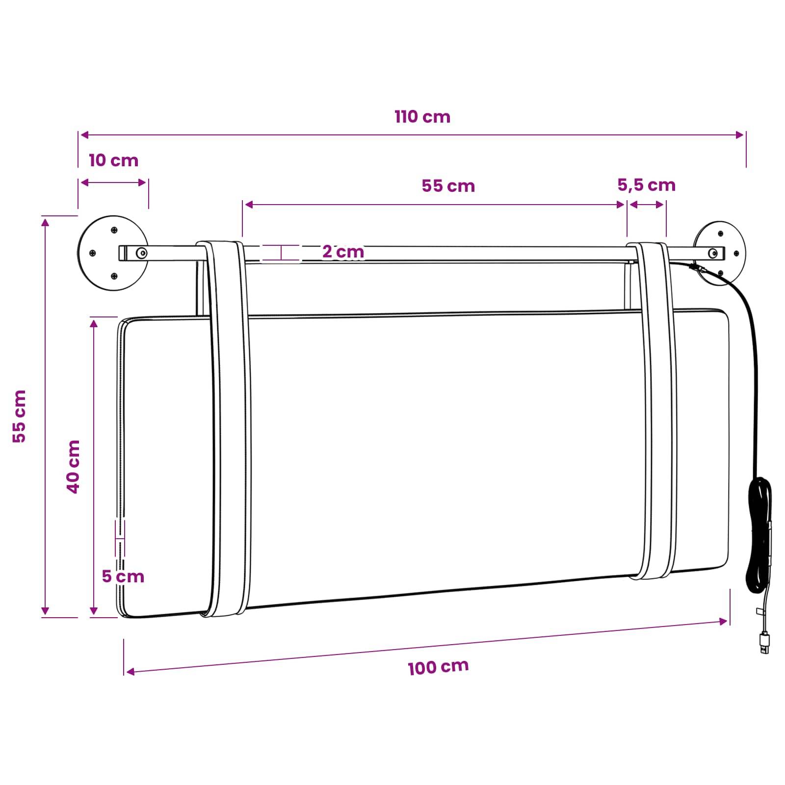 Maßstabgerechte Zeichnung einer wandmontierten Rollorollo, das die Gesamtgröße von 110 x 55 cm und die Blindplattendimensionen von 100 x 40 cm mit Montagemessungen zeigt.