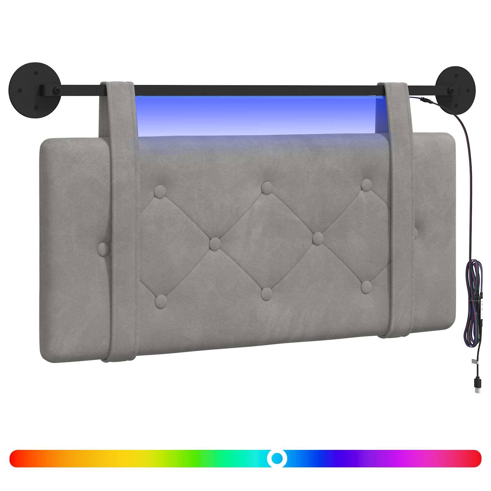 Graues, wandmontiertes LED-Kopfbrett mit gepolstertem Design, blauer Hintergrundbeleuchtung, schwarzer Montageleiste und einem Farbverlauf-Regler darunter.
