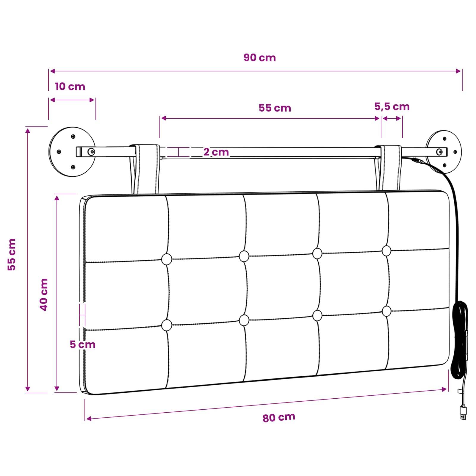 Maßzeichnung eines wandmontierten gepolsterten Hängepanels: 90 cm Gesamtbreite, 55 cm Höhe, 80 cm Panelbreite, mit beschrifteten Befestigungs- und Stabmessungen.