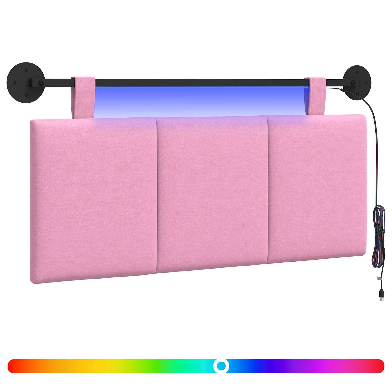 Kopfende mit rosa Polsterung mit einer an der Wand montierten schwarzen Leuchtenleiste und hängendem Stromkabel, gezeigt über einem Regenbogenfarbschieber, der anpassbare Beleuchtungsfarbe anzeigt.