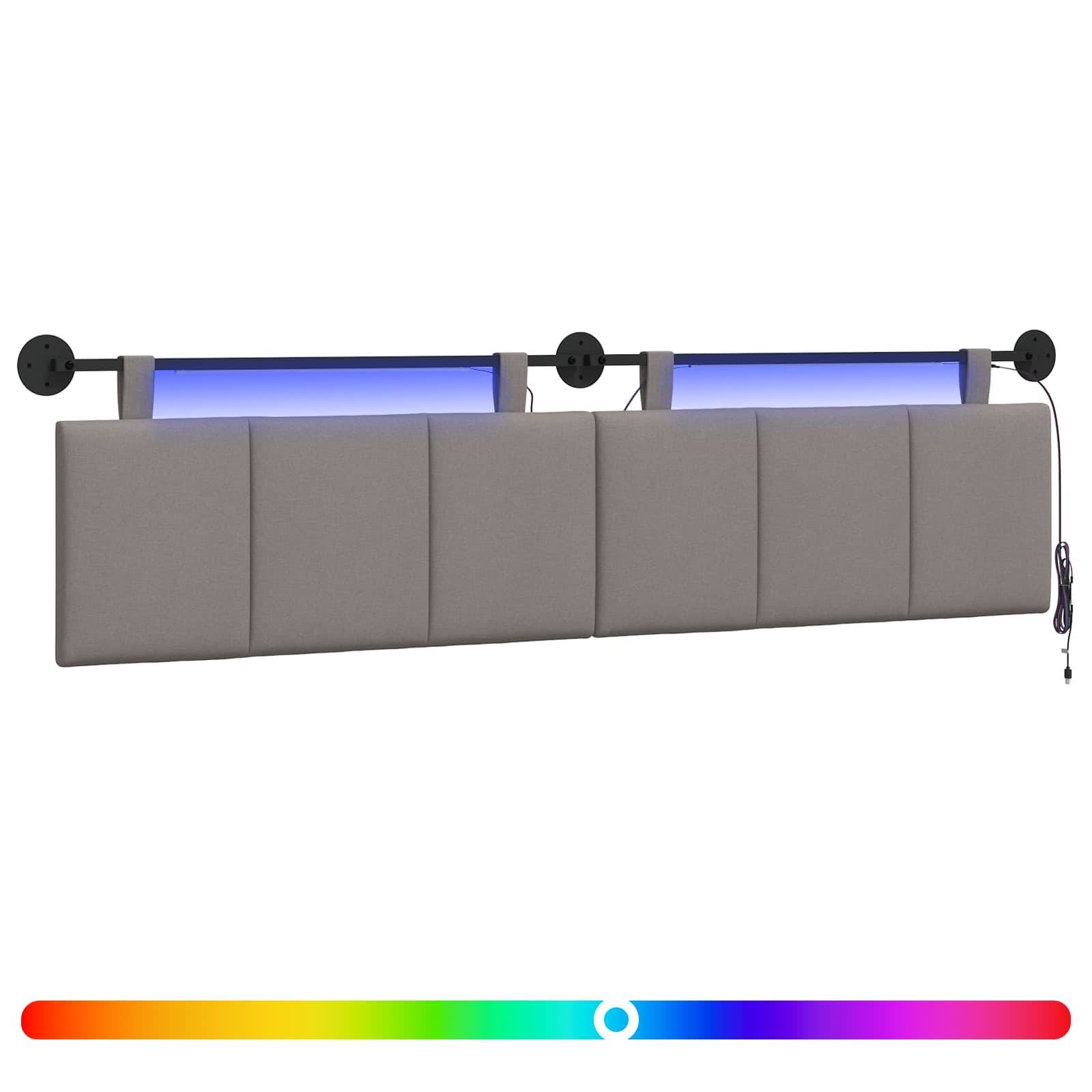 Grauer gepolsterter, wandmontierter Kopfteil mit zwei blauen LED-Leuchten und sichtbarem Stromkabel, dargestellt mit einem Regenbogenfarbschieber darunter.