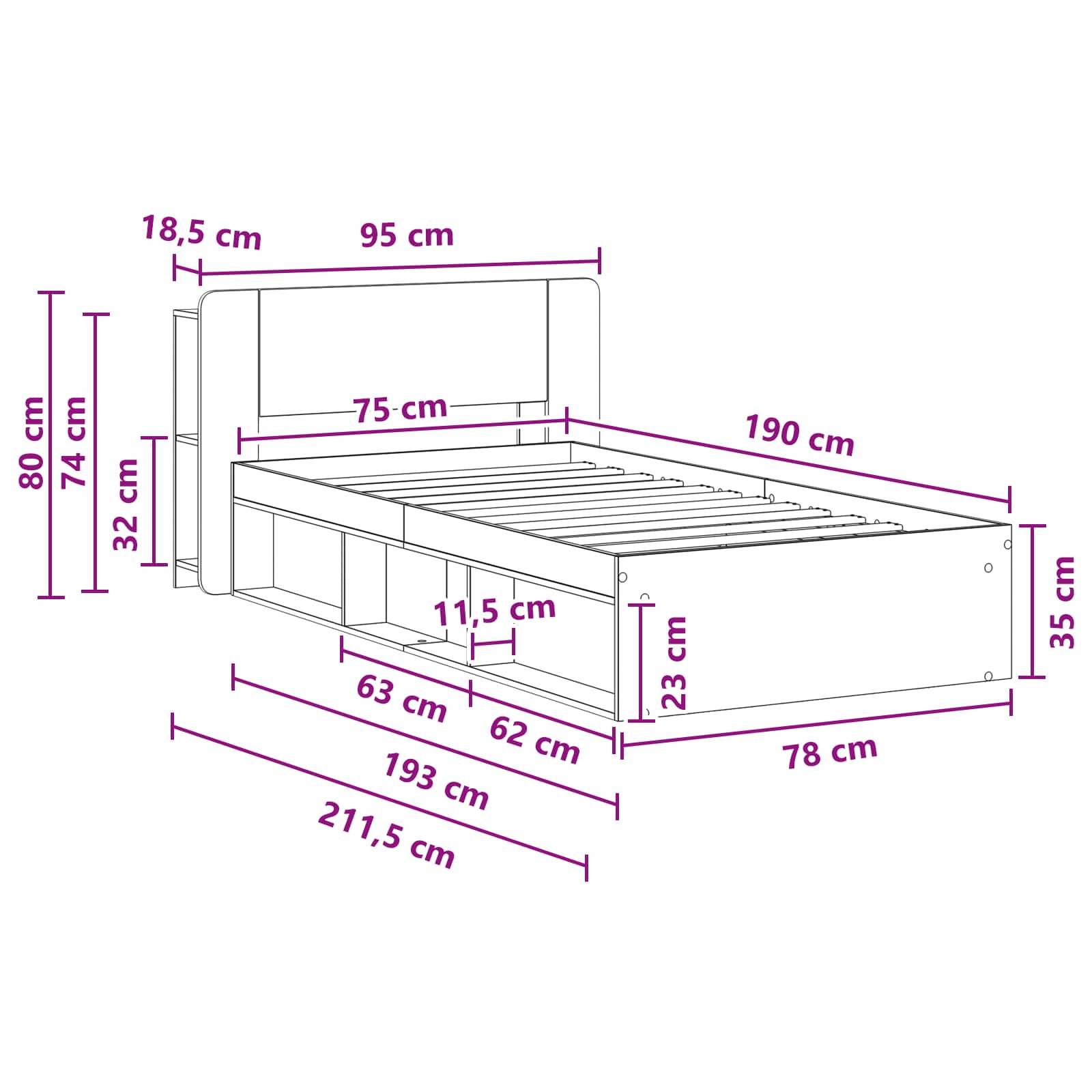vidaXL Bettgestell mit Stauraum mit Kopfteil Artisan-Eiche 75 x 190 cm