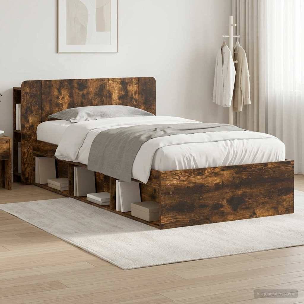 Einzelbett mit holzoptischem Rahmen in einem hellen Schlafzimmer, gezeigt mit weißer Bettwäsche, grauer Wurfdecke, Teppich, Wandkunst und hängender Kleidung.