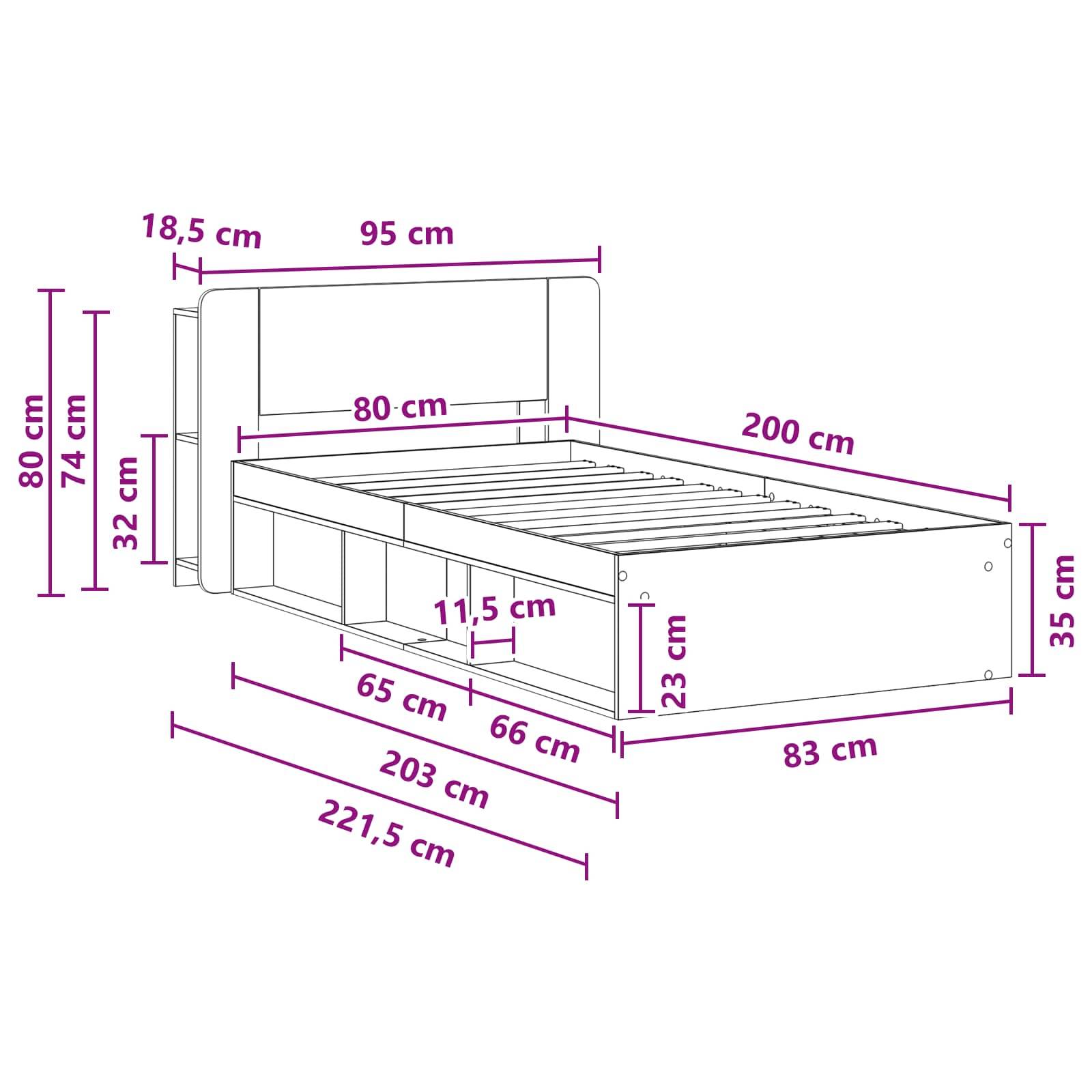 vidaXL Bettgestell mit Stauraum Altholz 80 x 200 cm Holzwerkstoff