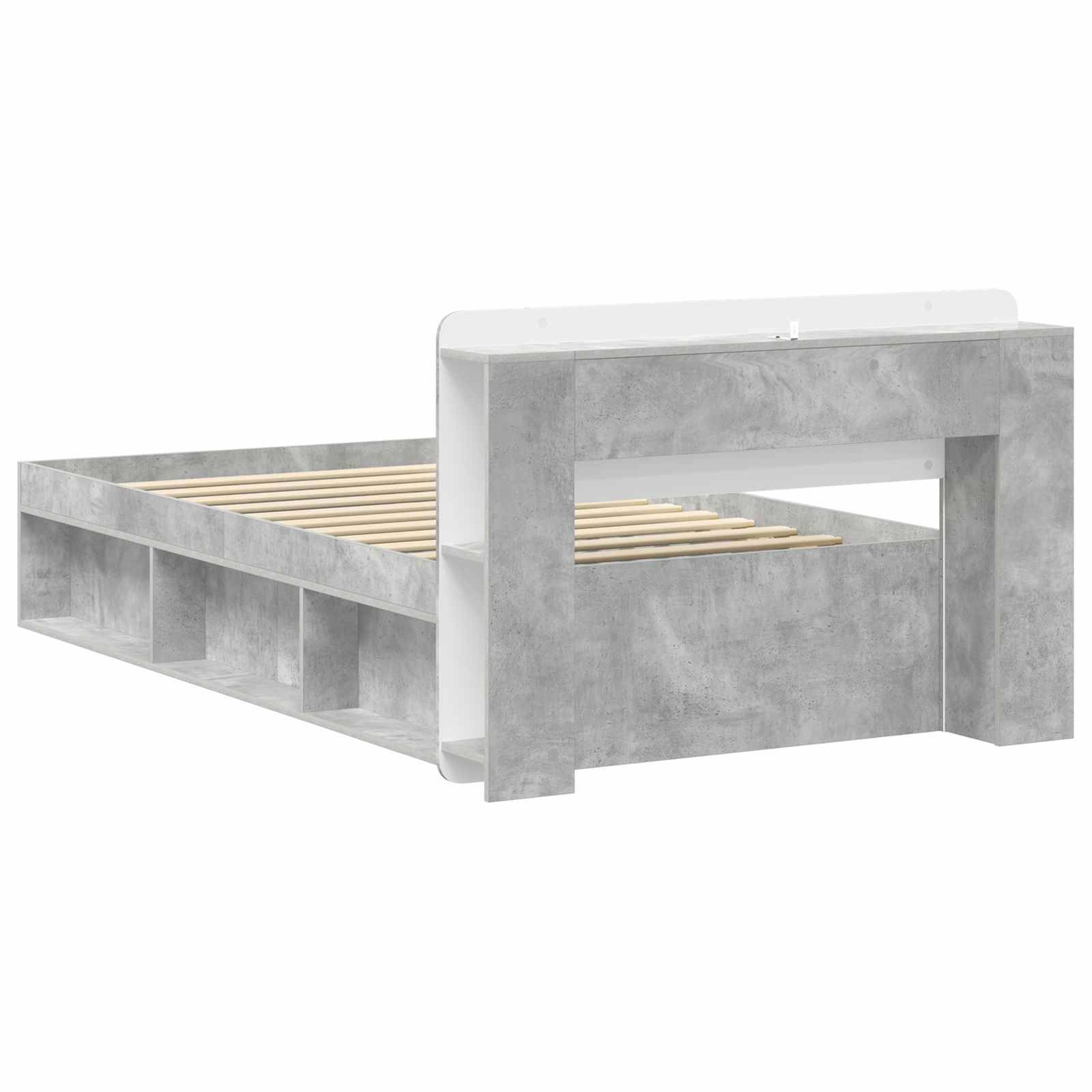 3D-Rendering eines Bettrahmens aus Beton mit Holzlatten und einer niedrigen, kastenförmigen Kopfendenkonstruktion auf weißem Hintergrund.