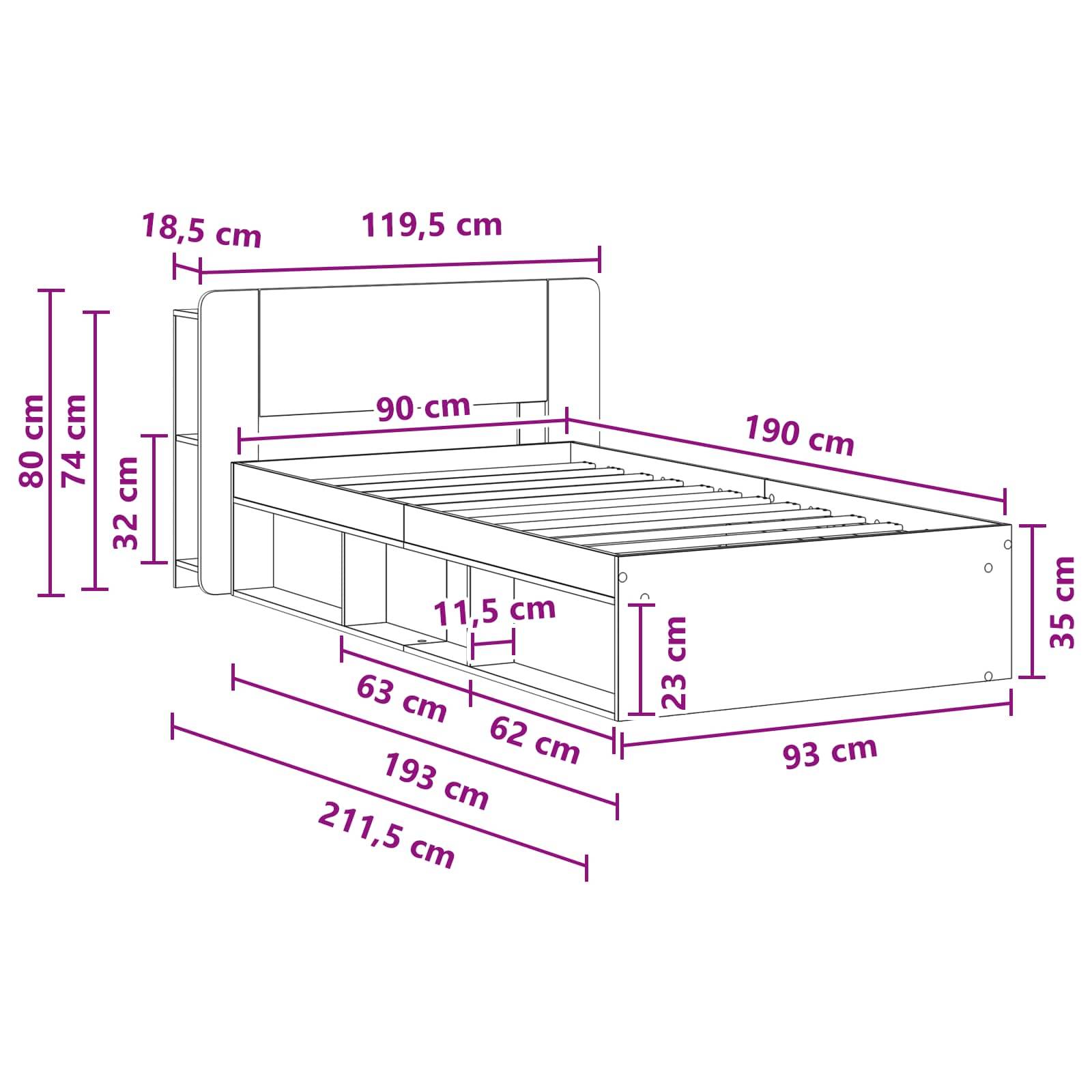 vidaXL Bettgestell mit Stauraum Altholz 90 x 190 cm Holzwerkstoff