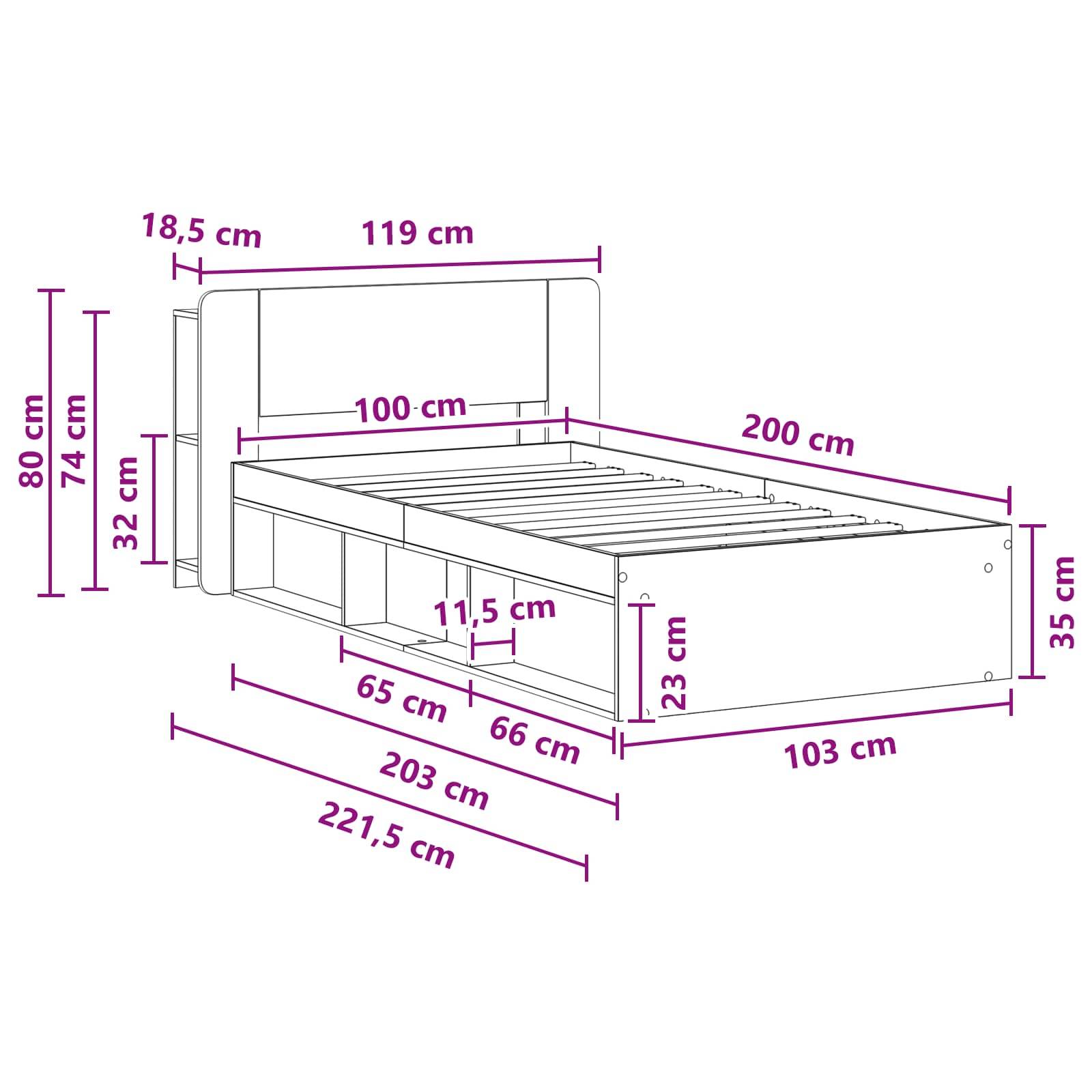 vidaXL Bettgestell mit Stauraum Betongrau 100 x 200 cm Holzwerkstoff
