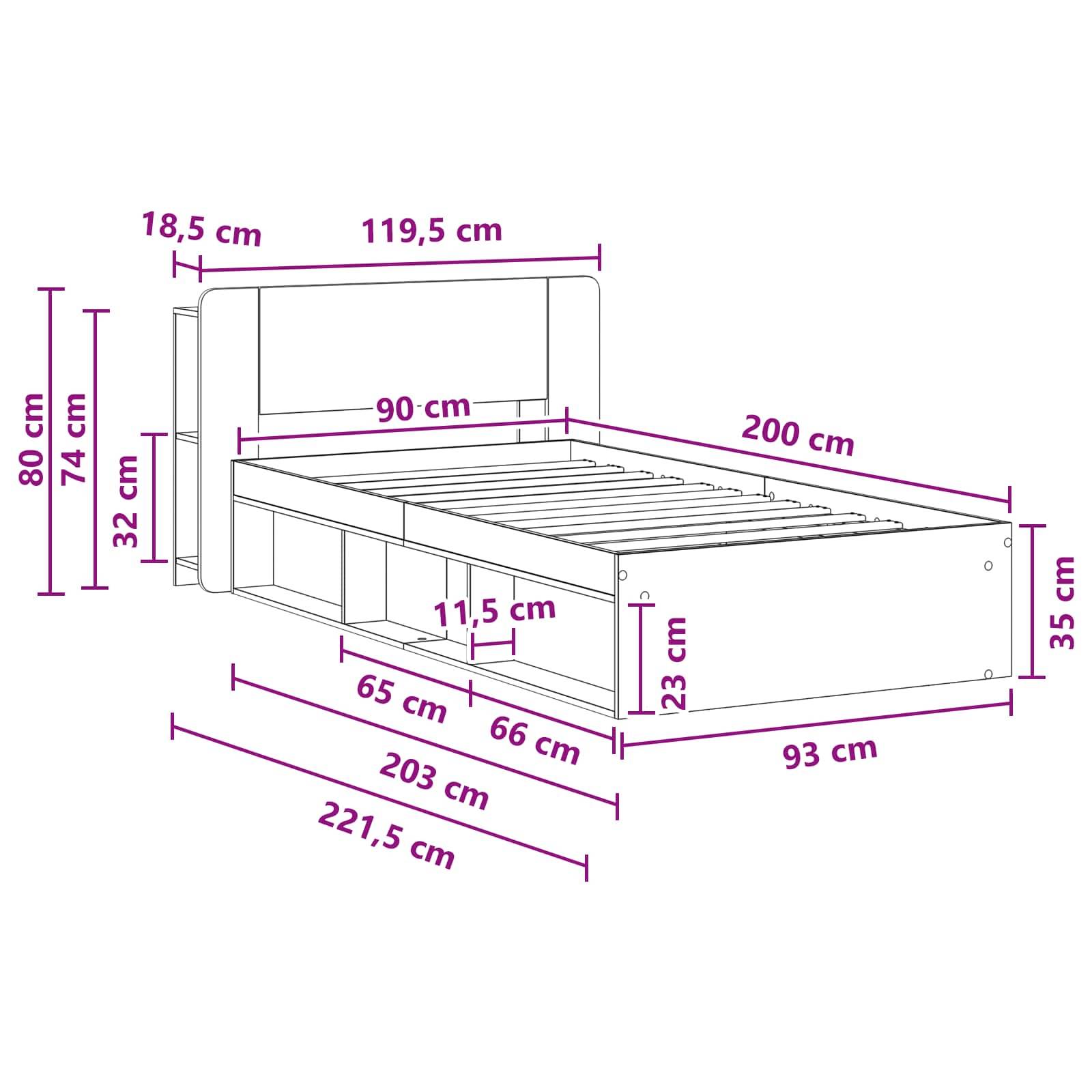 vidaXL Bettgestell mit Stauraum mit Kopfteil Artisan-Eiche 90 x 200 cm