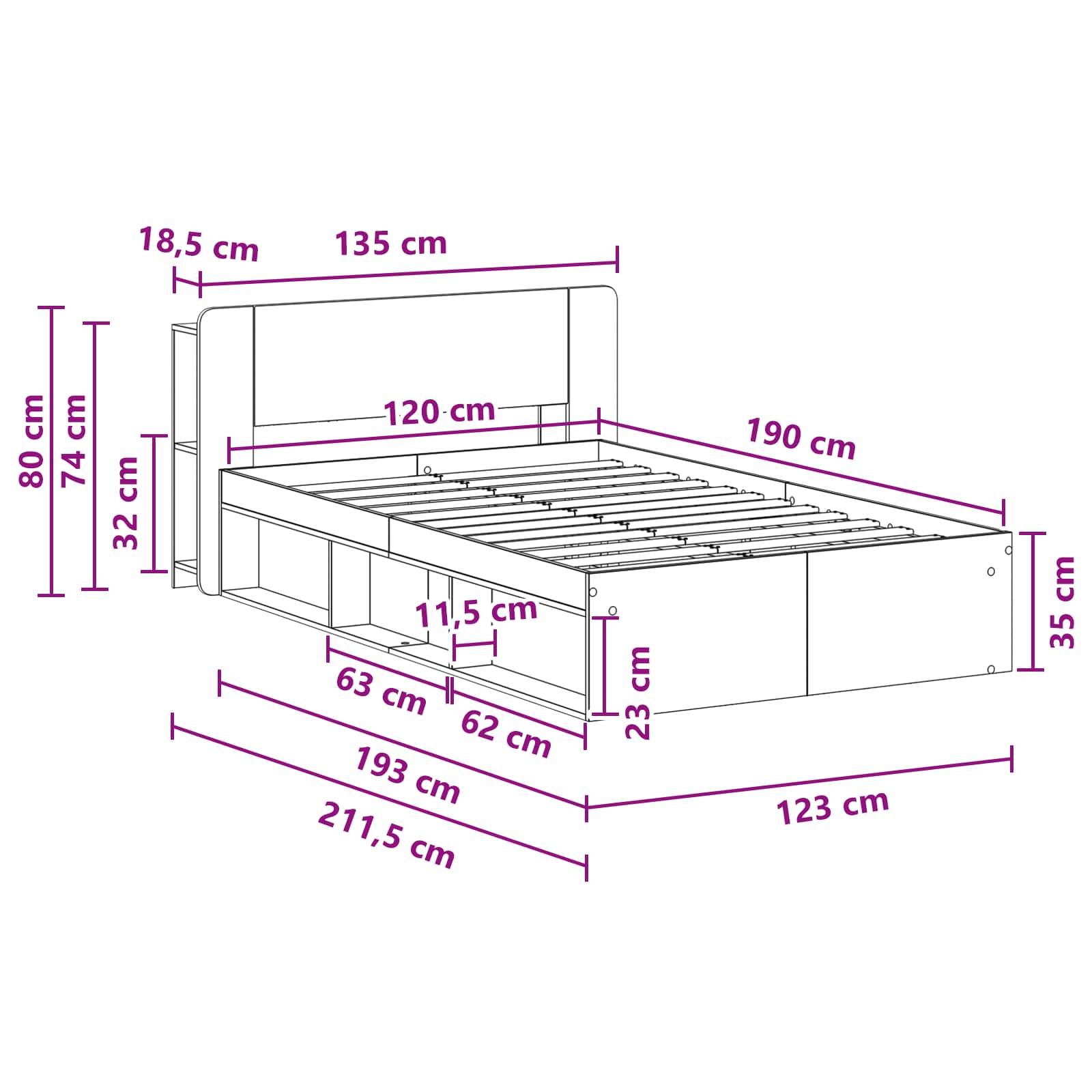 vidaXL Bettgestell mit Stauraum Artisan-Eiche 120 x 190 cm