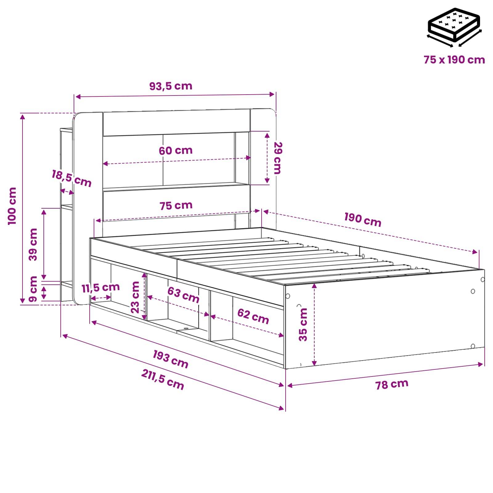 vidaXL Bettgestell mit Stauraum Schwarz 75 x 190 cm Holzwerkstoff