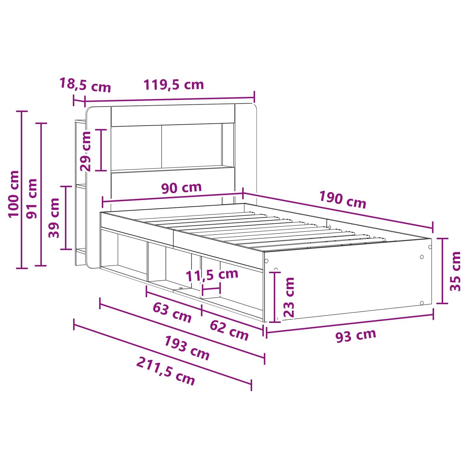 vidaXL Bettgestell mit Stauraum mit Kopfteil Artisan-Eiche 90 x 190 cm