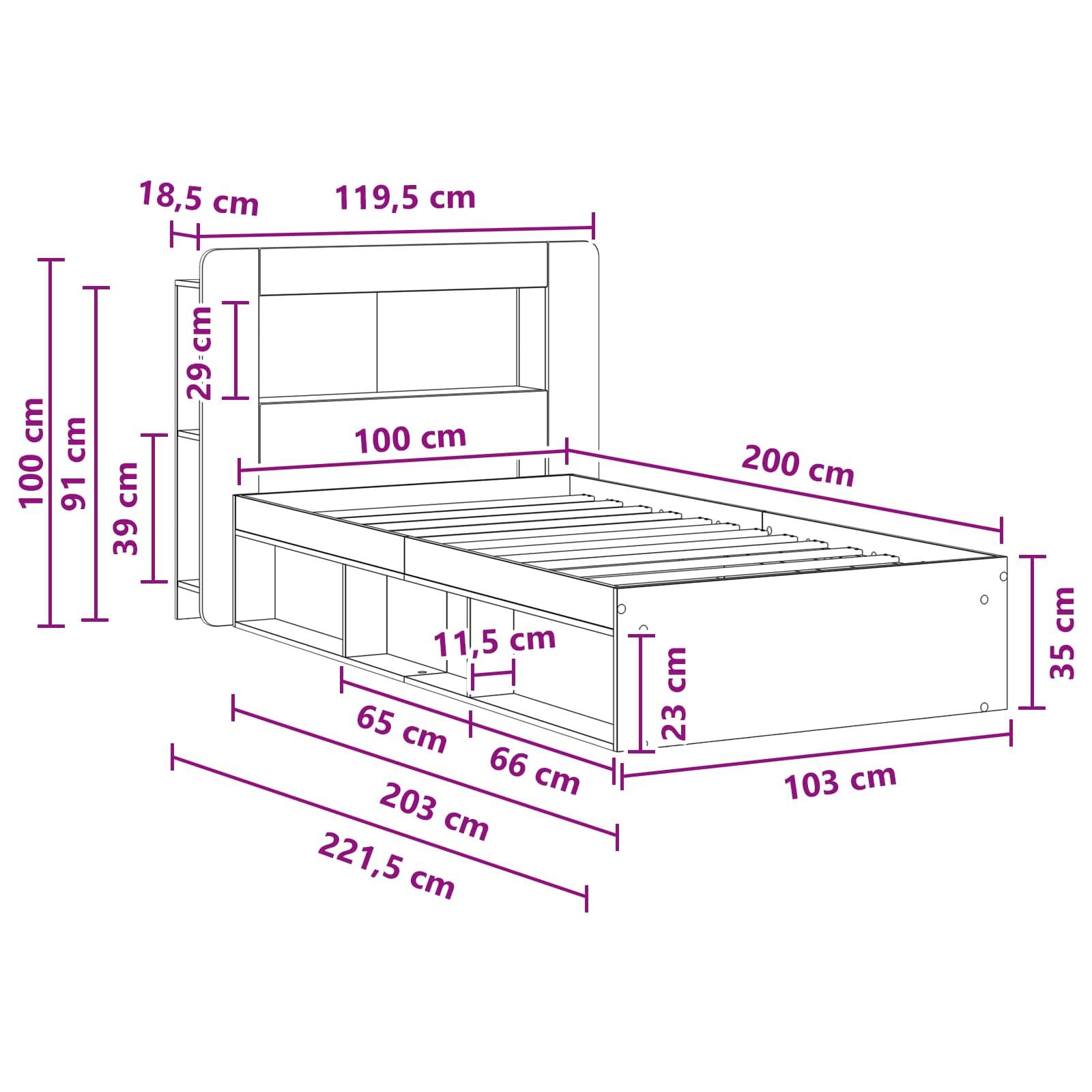 vidaXL Bettgestell mit Stauraum Artisan-Eiche 100 x 200 cm