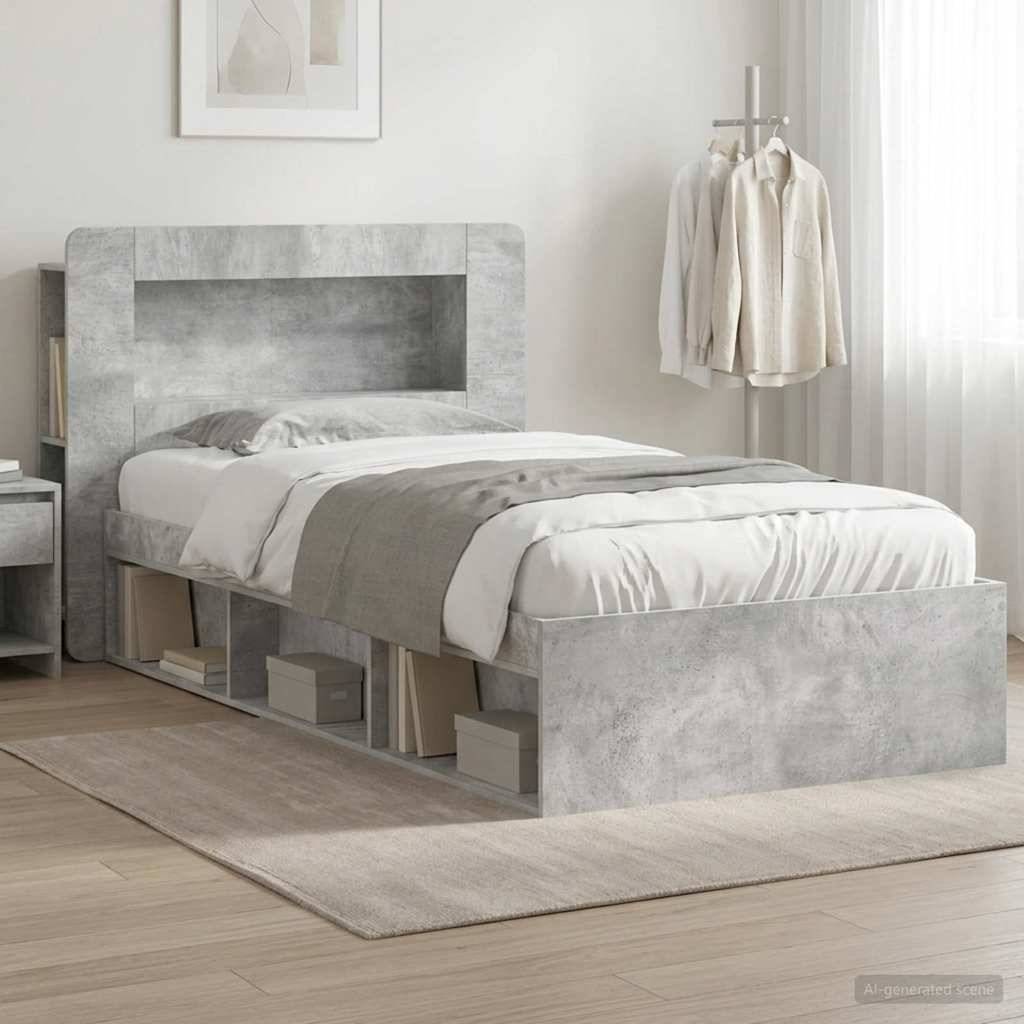 Modernes grau gepolstertes Bett mit integrierten Regalen und einer hellen Bettwäsche in einem hellen minimalistischen Schlafzimmer.