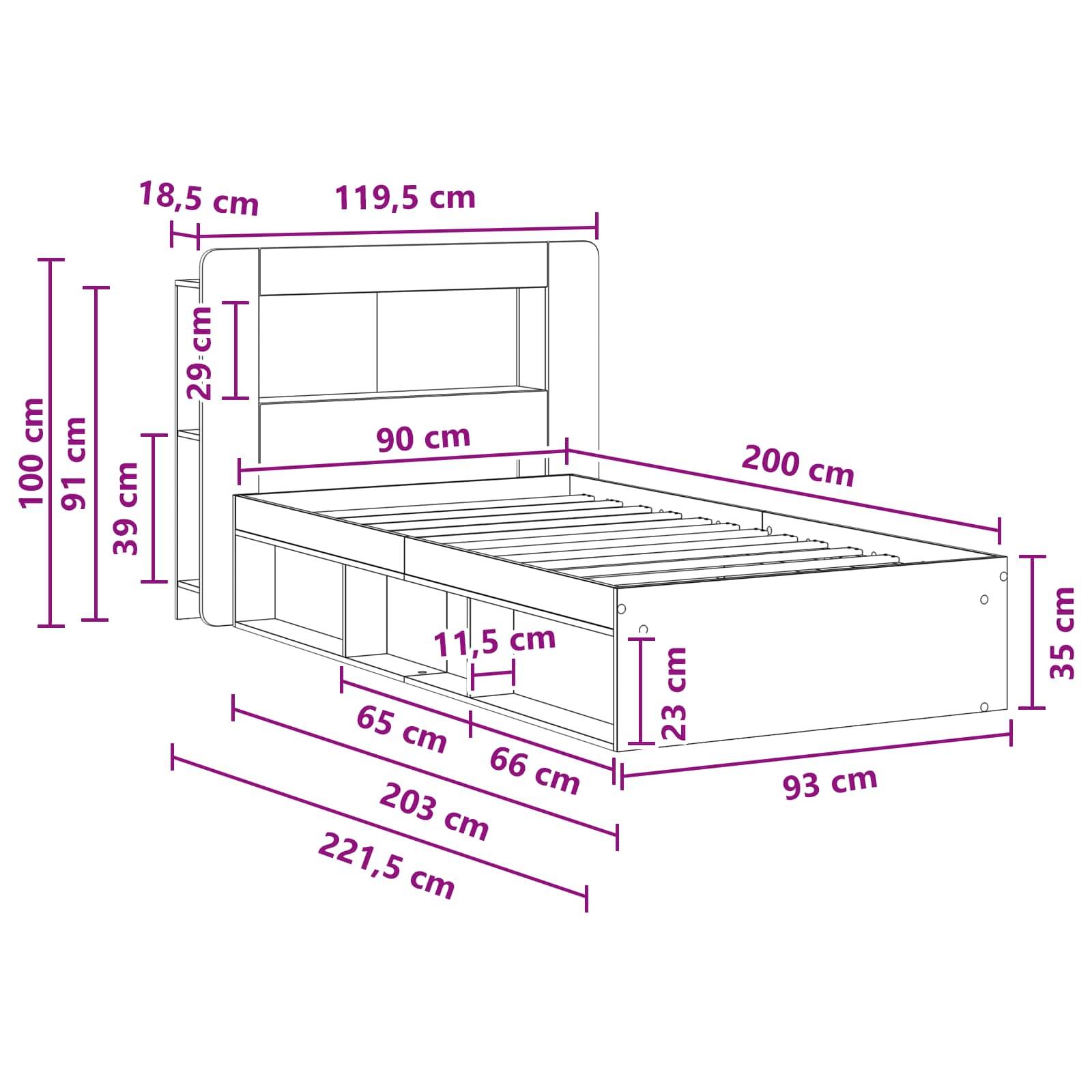vidaXL Bettgestell mit Stauraum mit Kopfteil Artisan-Eiche 90 x 200 cm