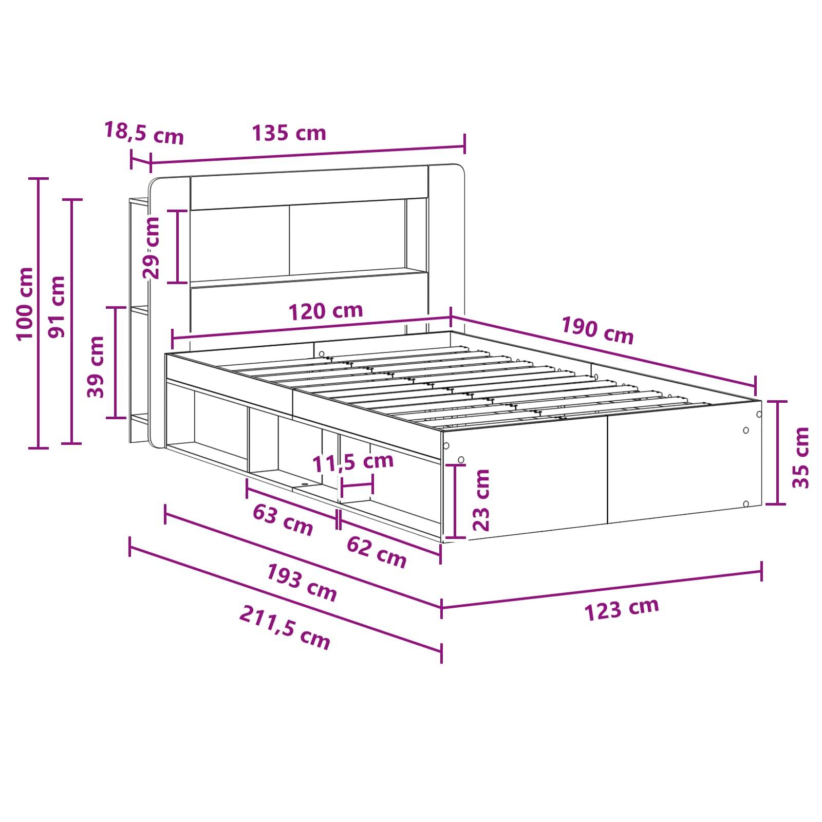 vidaXL Bettgestell mit Stauraum Artisan-Eiche 120 x 190 cm