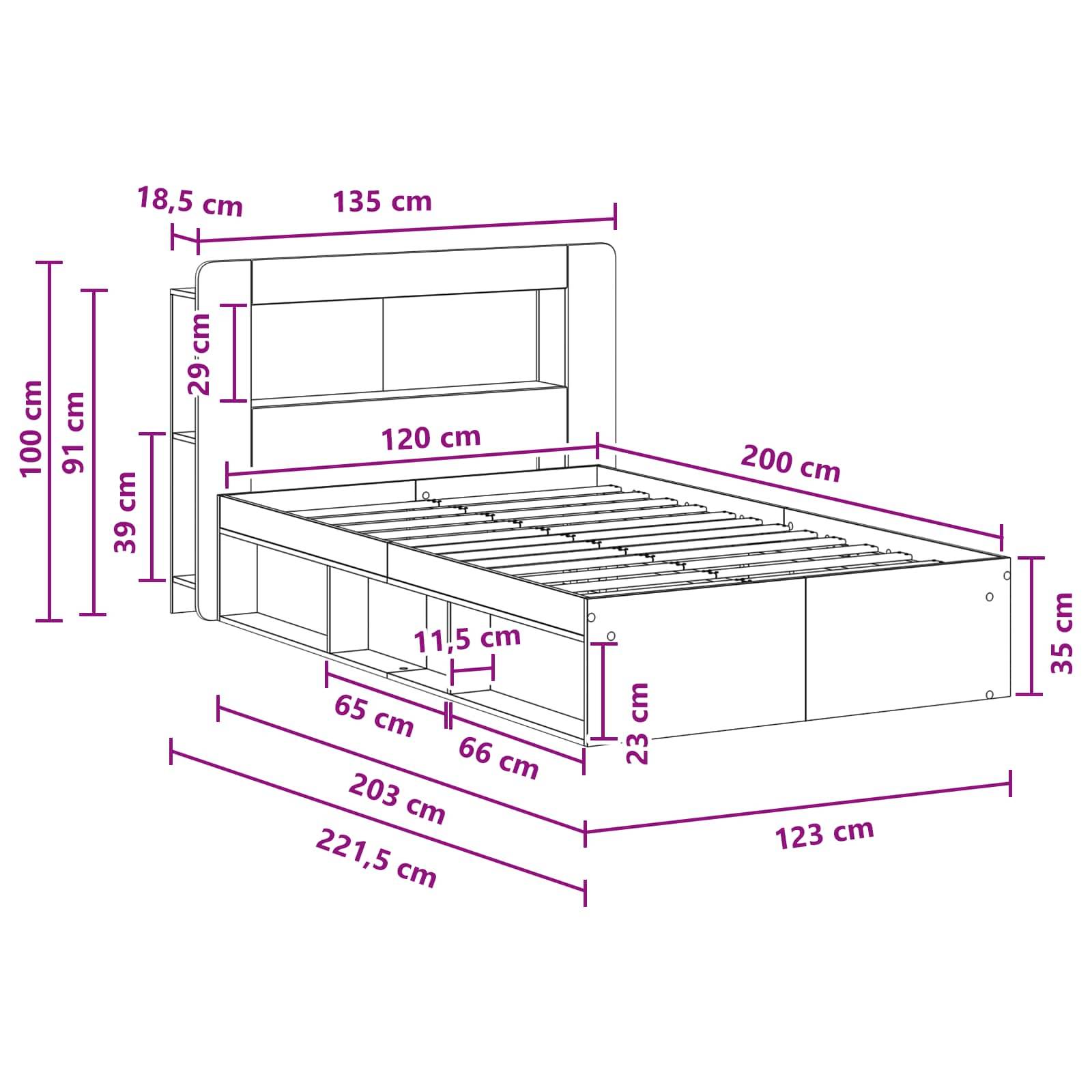 vidaXL Bettgestell mit Stauraum Artisan-Eiche 120 x 200 cm