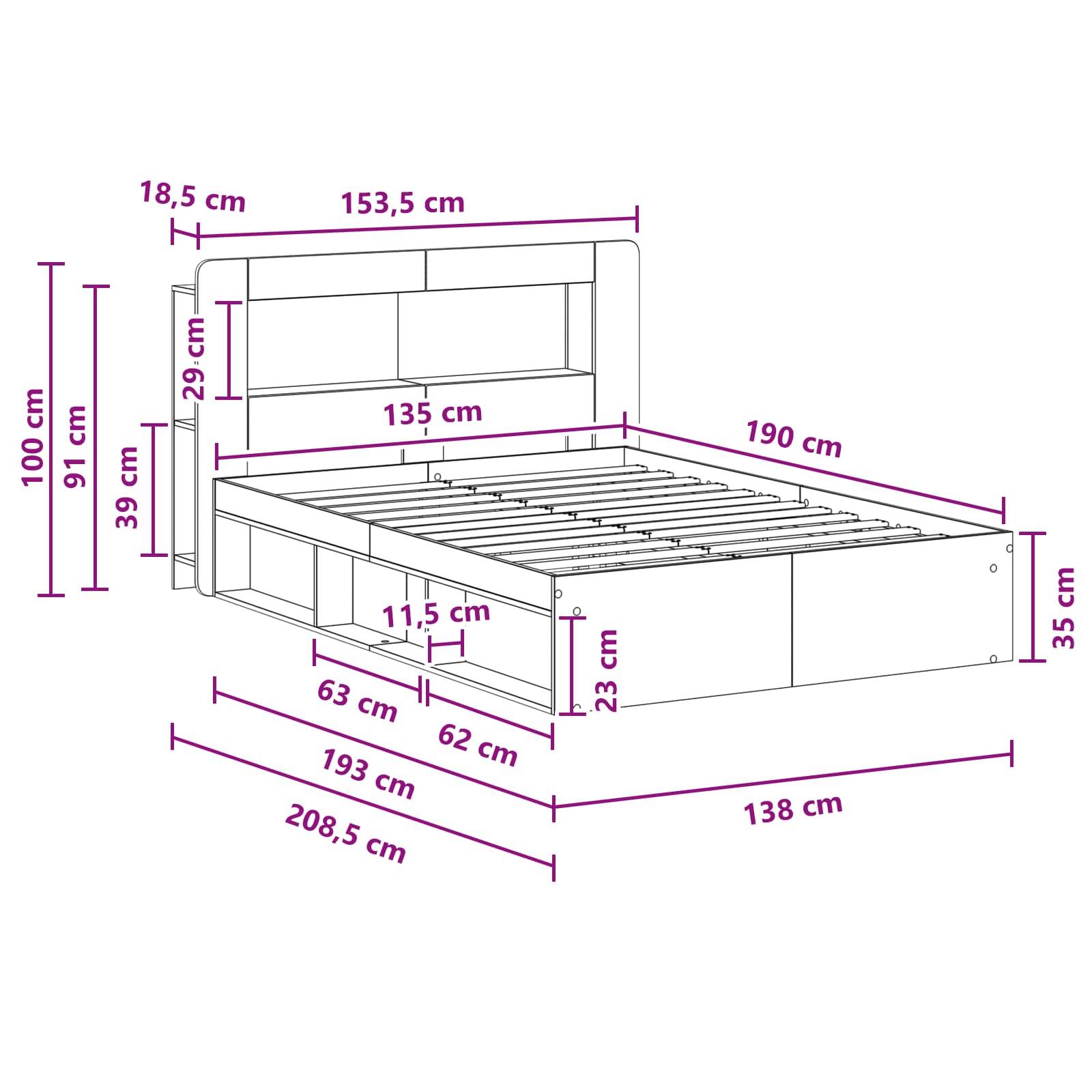 vidaXL Bettgestell mit Stauraum Altholz 135 x 190 cm Holzwerkstoff