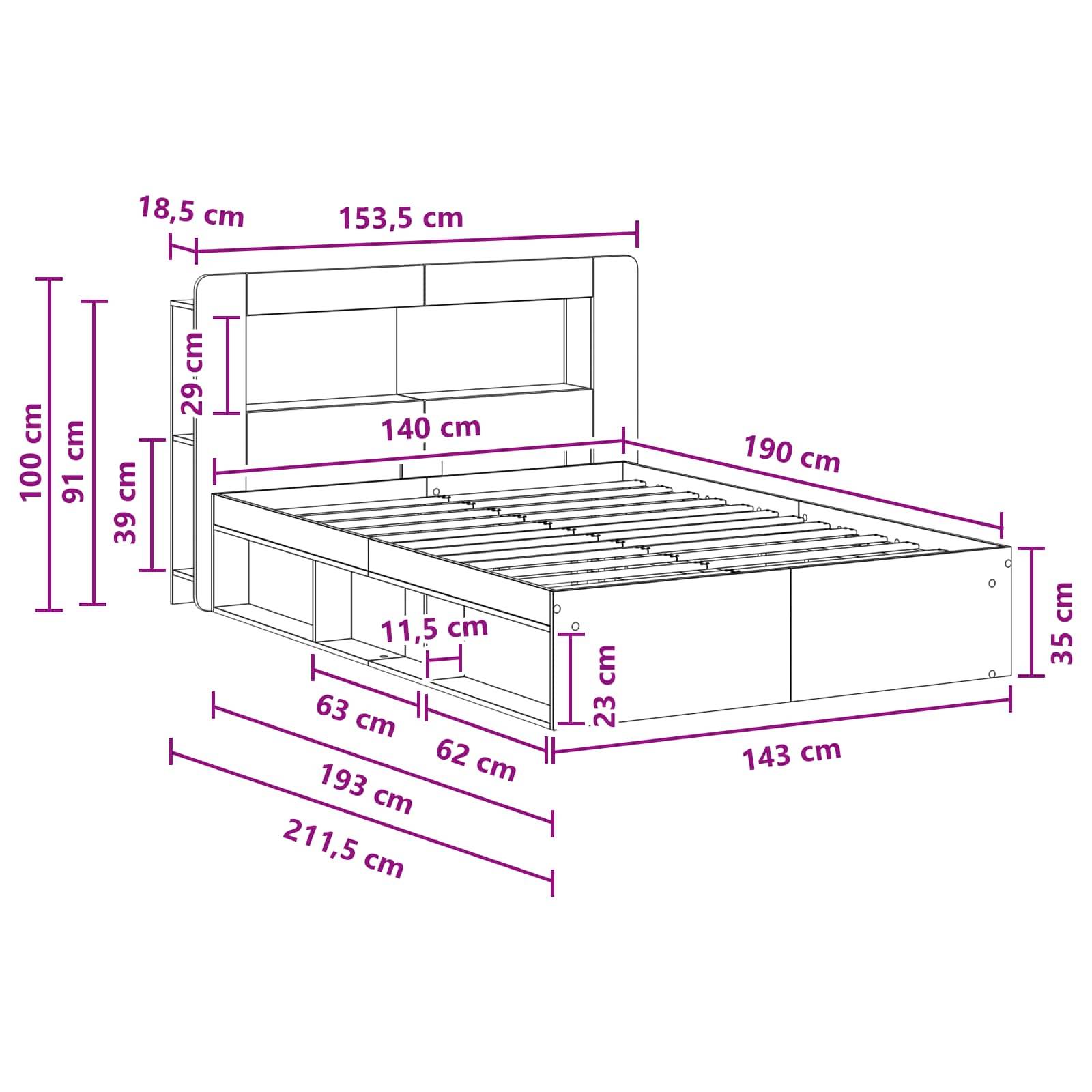 vidaXL Bettgestell mit Stauraum Geräucherte Eiche 140 x 190 cm