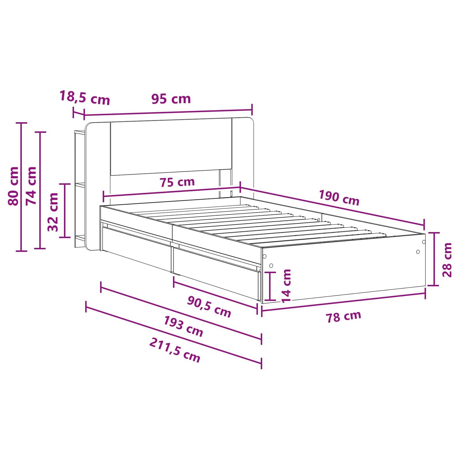 vidaXL Bettgestell mit Stauraum Schwarz 75 x 190 cm Holzwerkstoff