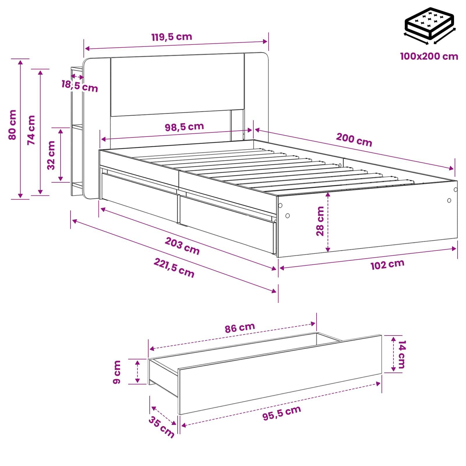 vidaXL Bettgestell mit Stauraum Grau Sonoma 100 x 200 cm Holzwerkstoff