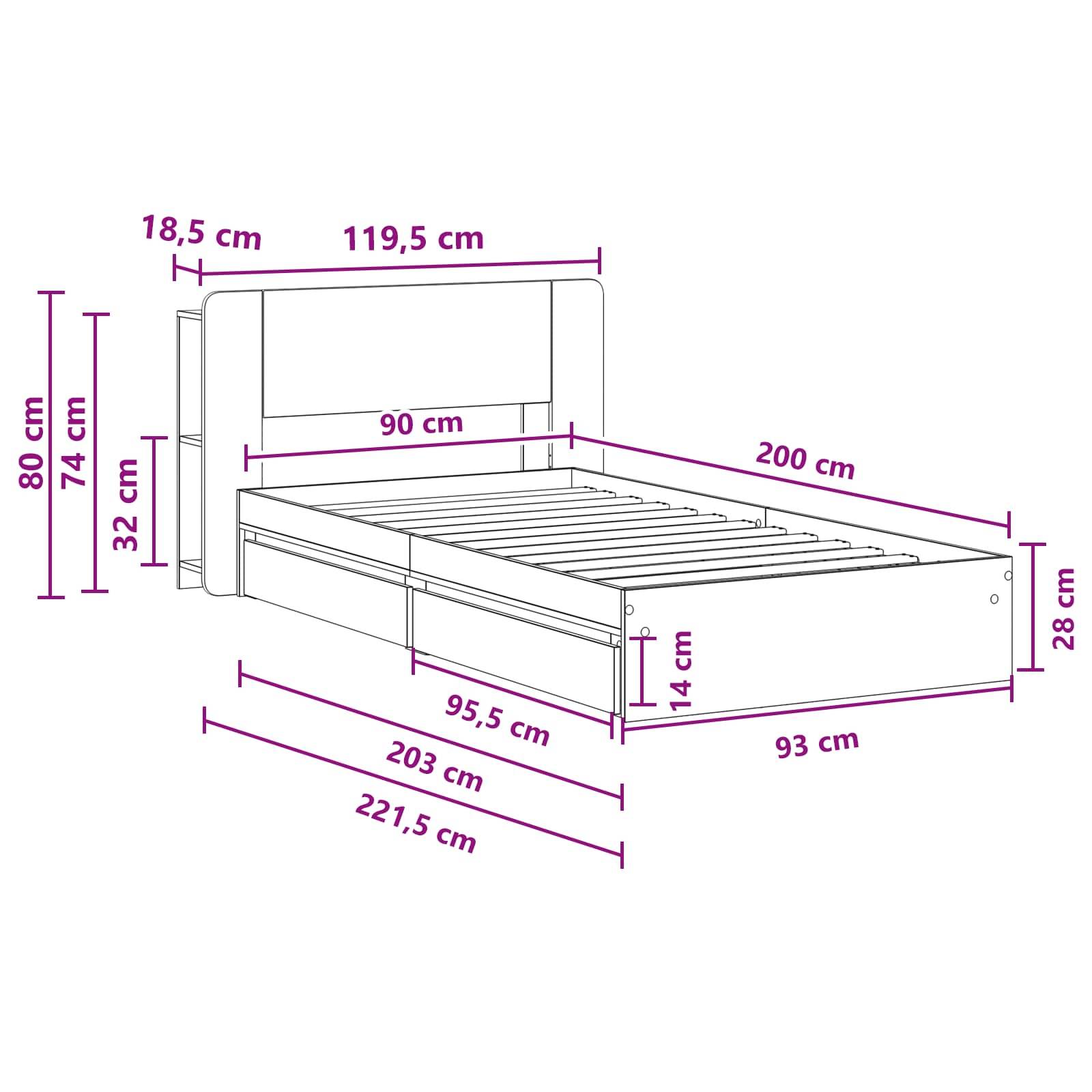 vidaXL Bettgestell mit Stauraum Grau Sonoma 90 x 200 cm Holzwerkstoff