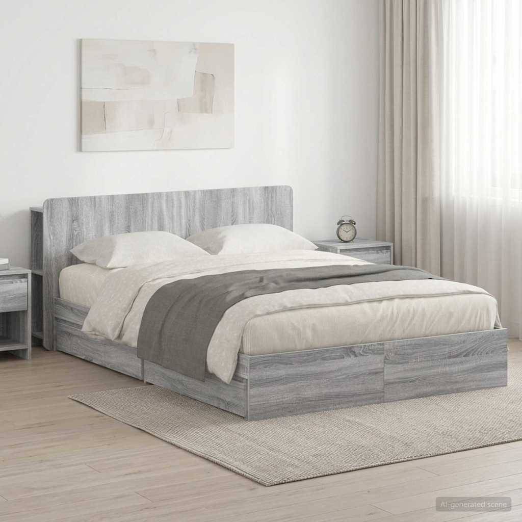 Grauholzbett mit weißer Bettwäsche und dunkler Wurf in einem hellen minimalistischen Schlafzimmer, mit Vorhängen, Nachttisch und abstrakter Wandkunst.