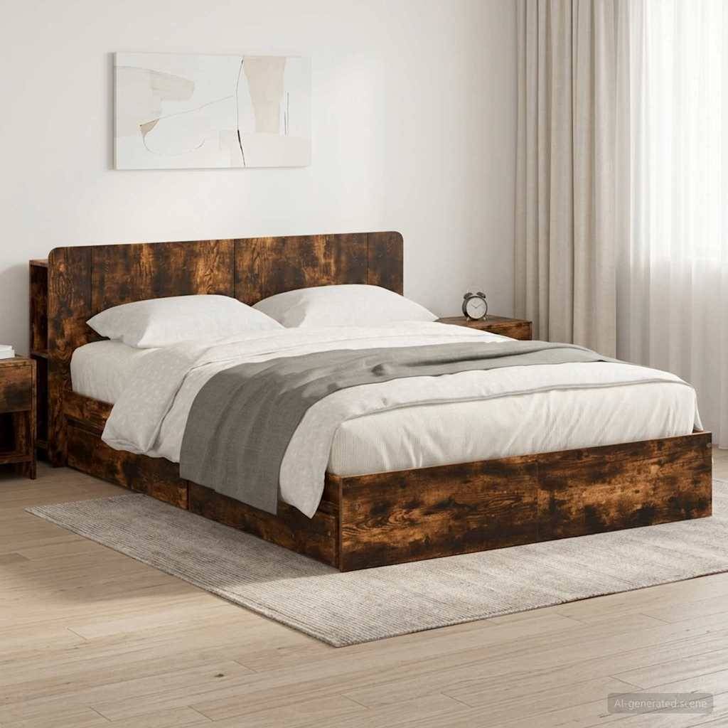 Rustikales Holzbett mit weißer Bettwäsche und grauer Wurfdecke in einem minimalistischen Schlafzimmer, gezeigt mit Nachttischen, Vorhang und Wandkunst.