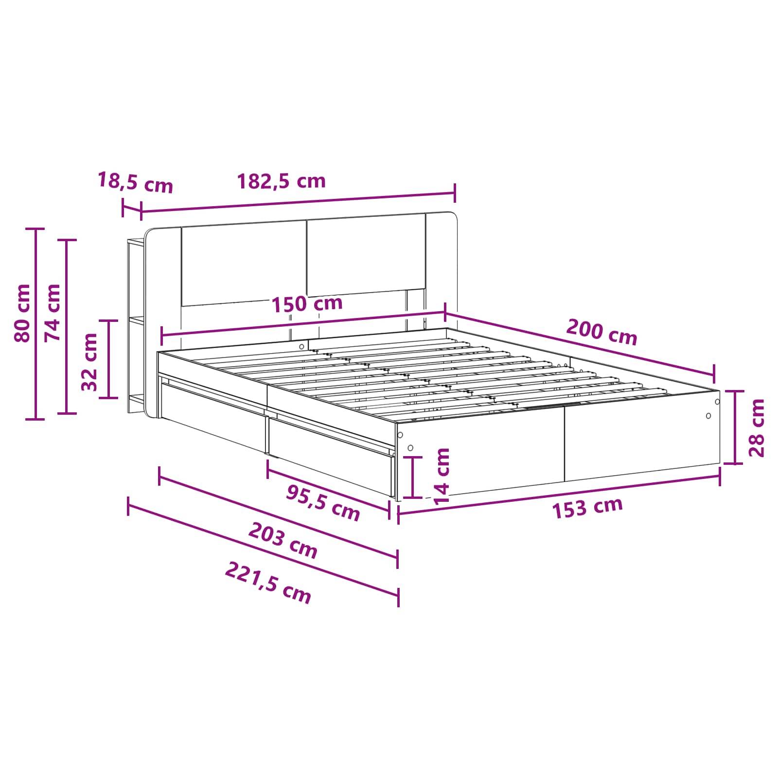 vidaXL Bettgestell mit Stauraum Betongrau 150 x 200 cm Holzwerkstoff